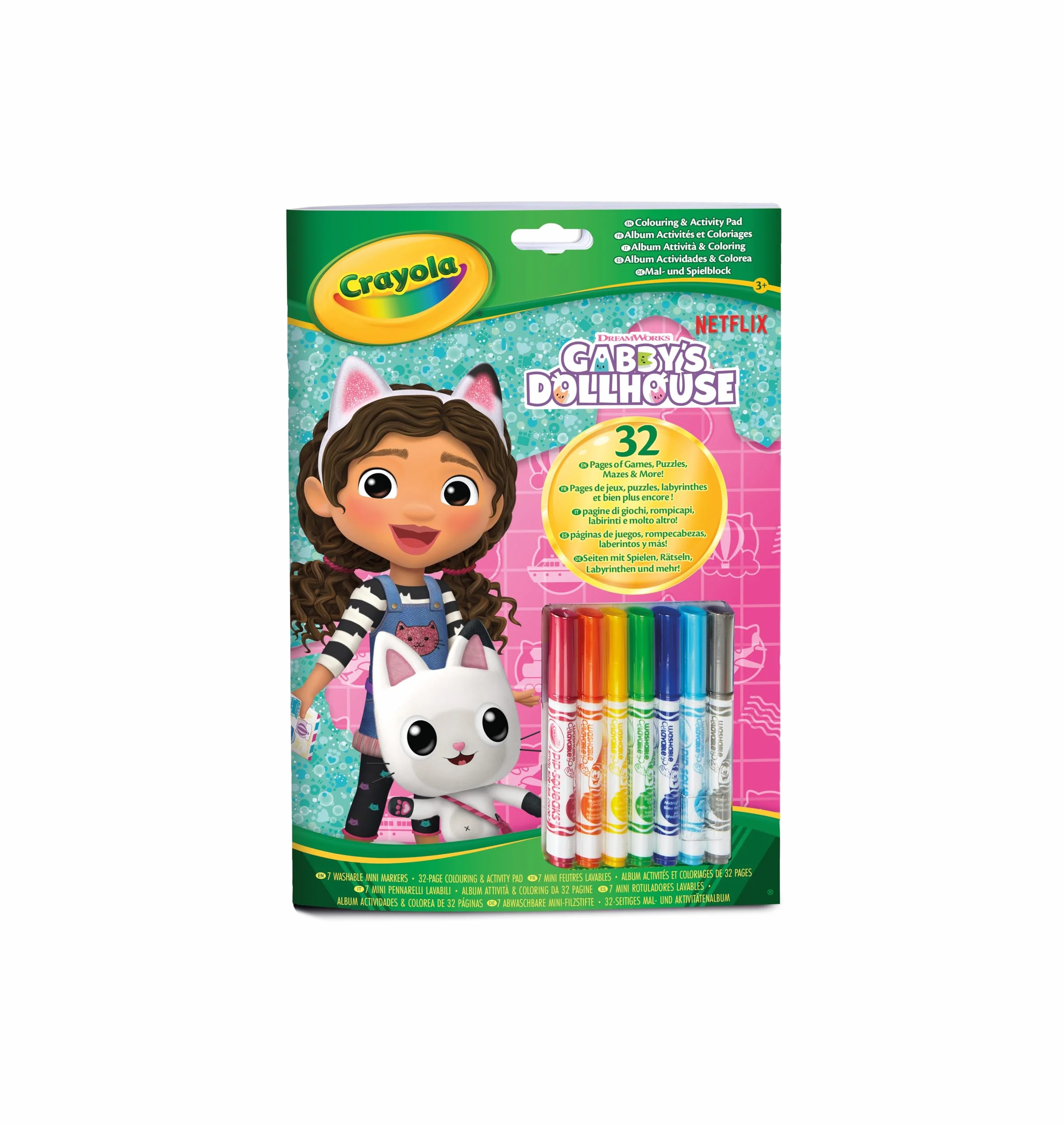CRAYOLA - Gabby's Dollhouse Activity & Colouring Album, 32 strony do kolorowania i 7 mini zmywalnych markerów, 04-7024G