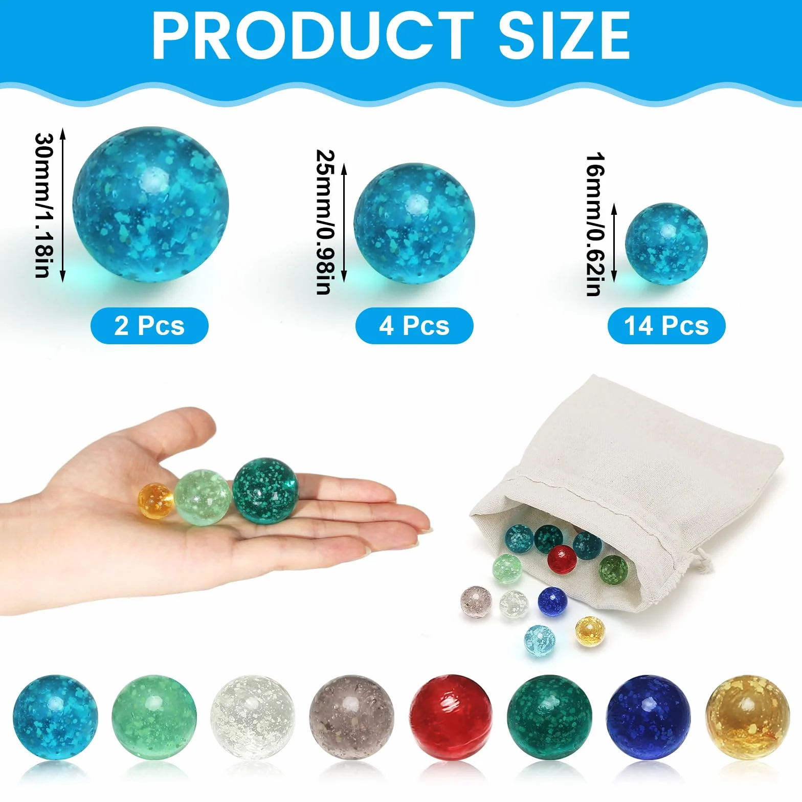 20 sztuk szklanych kulek, 16 mm/25 mm/30 mm, szklane kulki świecące w ciemności, z workiem ze sznurkiem, do zabawy w kulki, dla dzieci, projektów DIY, dekoracja domu (3 rozmiary)