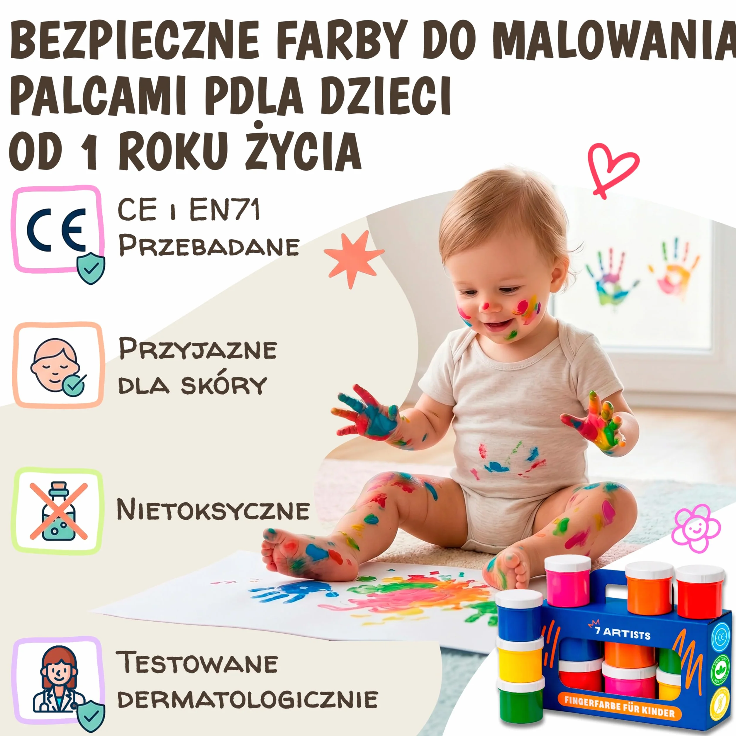 Farby do Malowania Palcami dla Dzieci Nietoksyczne Zmywalne 6x60 ml – Farby dla Dzieci 1, 2, 3 Lata | Odciski Dłoni i Stóp | Zestaw Kreatywny do Malowania