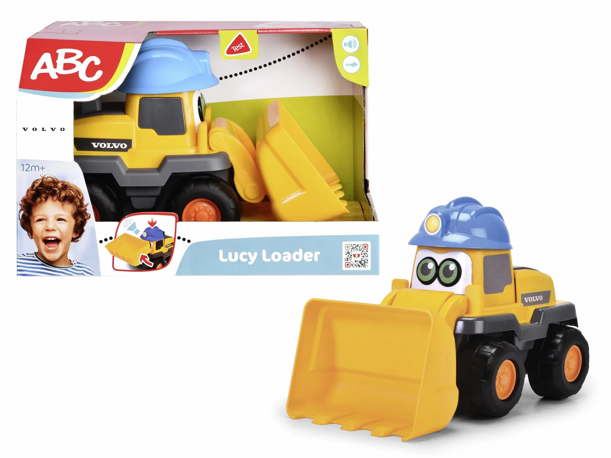 Dickie Toys ABC 204114012 Pojazd budowlany Lucy Loader 25 cm dla dzieci od 1 roku życia, ładowarka Volvo z łyżką do kopania i piszczącym klaksonem, samochodzik dla niemowląt i dzieci od 12 miesiąca