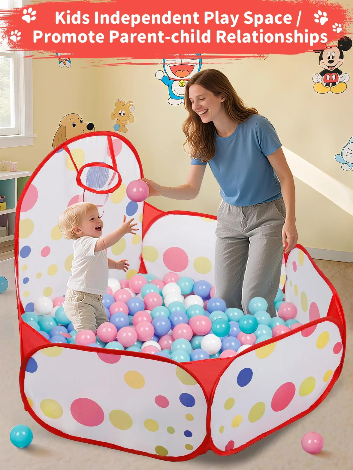 Piłeczka dla dzieci z obręczą do koszykówki, składany, wyskakujący basen z piłeczkami dla dziewczynek, chłopców, mały basen z piłeczkami 120 cm, nie wchodzi w zakres dostawy, czerwona kropka