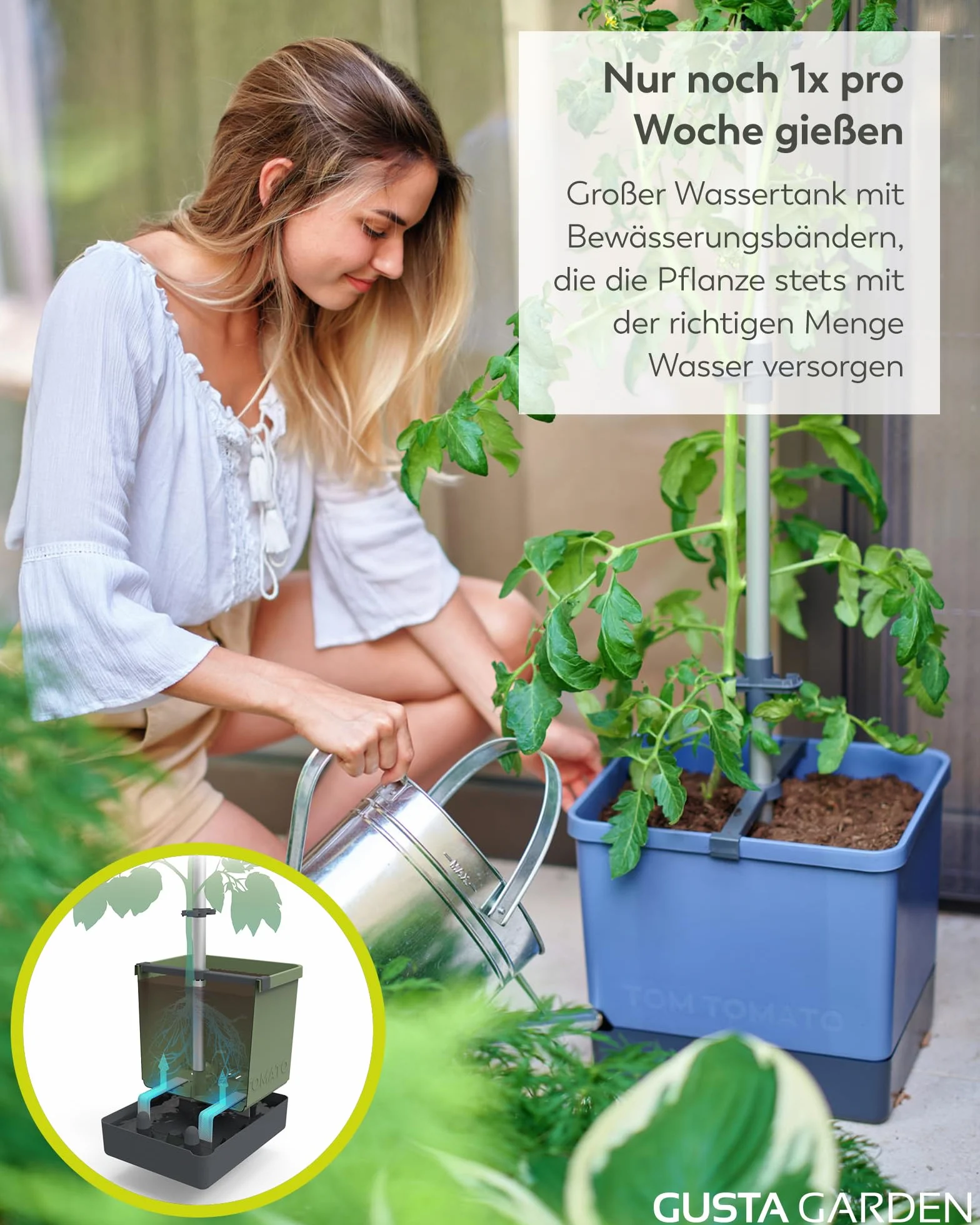 Gusta Garden doniczka na pomidory niebieska 4,5 l zbiornik na wodę 20 l objętość ziemi