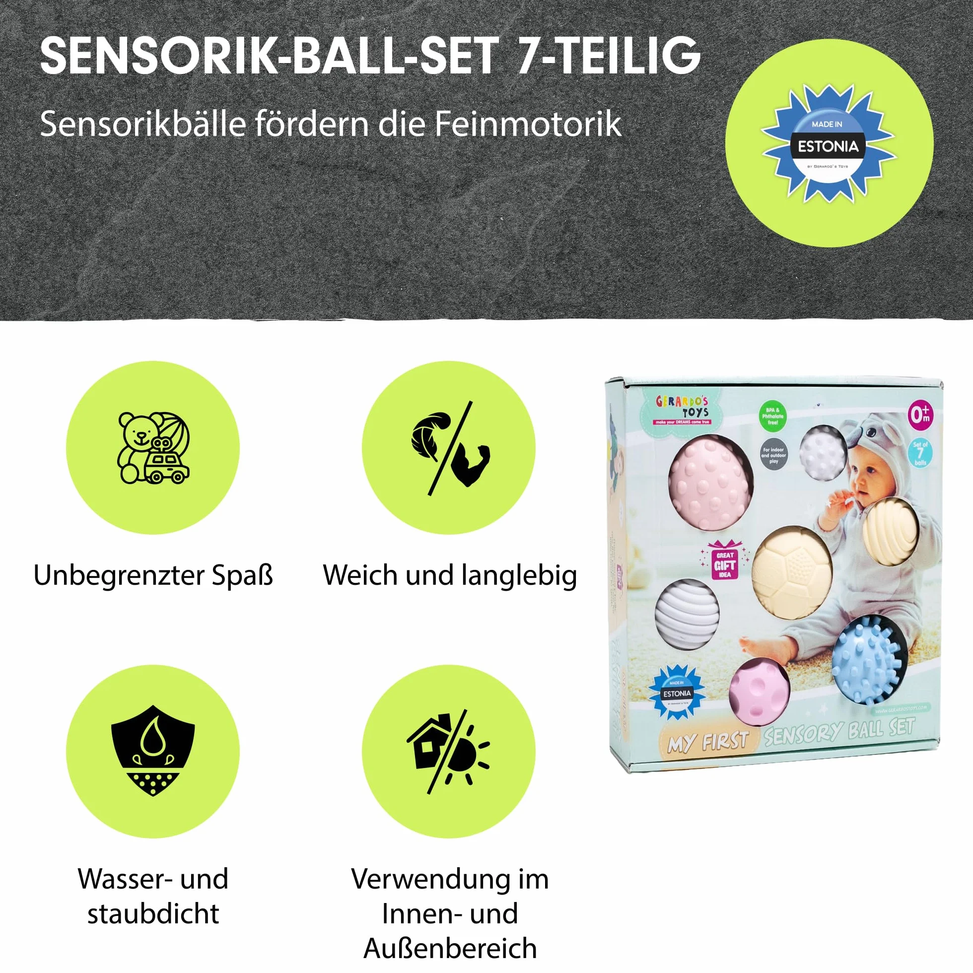 GERARDO'S My first sensory ball zestaw 7 szt. zabawek, różne (7 piłek dla niemowląt - 2 szt. mają ten sam wzór, reszta jest inna