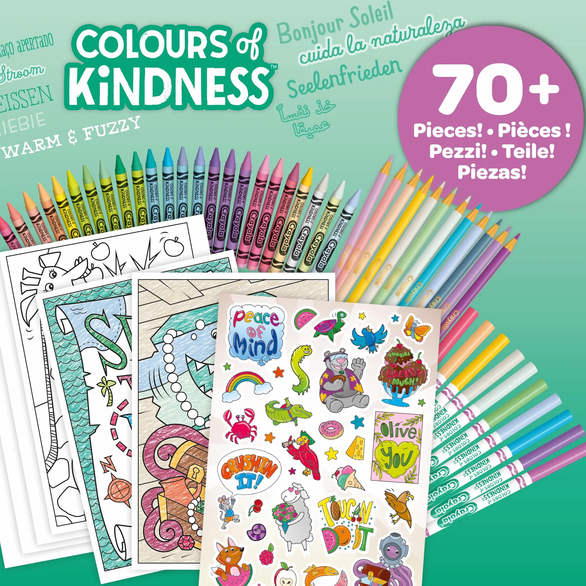 Crayola - Colours of Kindess, walizka, 70 sztuk +, markery, kredki woskowe, ołówki, arkusze kolorowanki, naklejki, kreatywny prezent dla dzieci i dziewcząt, od 4 lat, 04-2941