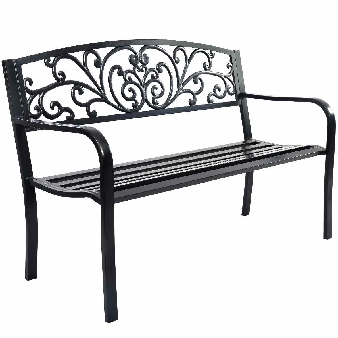 COSTWAY Ławka ogrodowa metalowa żeliwna 2-3 osobowa z oparciem i podłokietnikami 127 x 60 cm