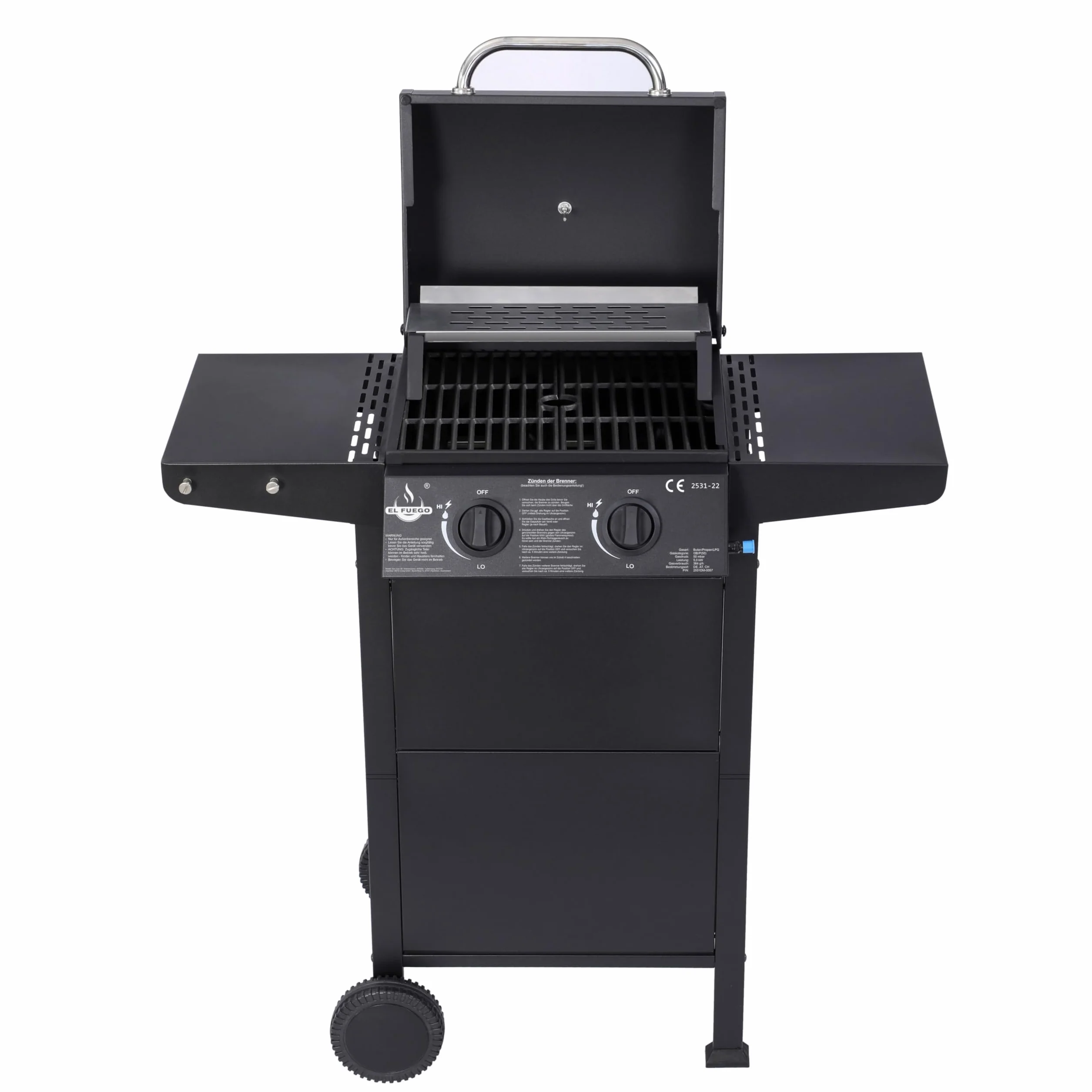 El Fuego® Grill Gazowy San Jose 2 Palniki BBQ z Żeliwnym Rusztem, Termometrem i Półkami Bocznymi
