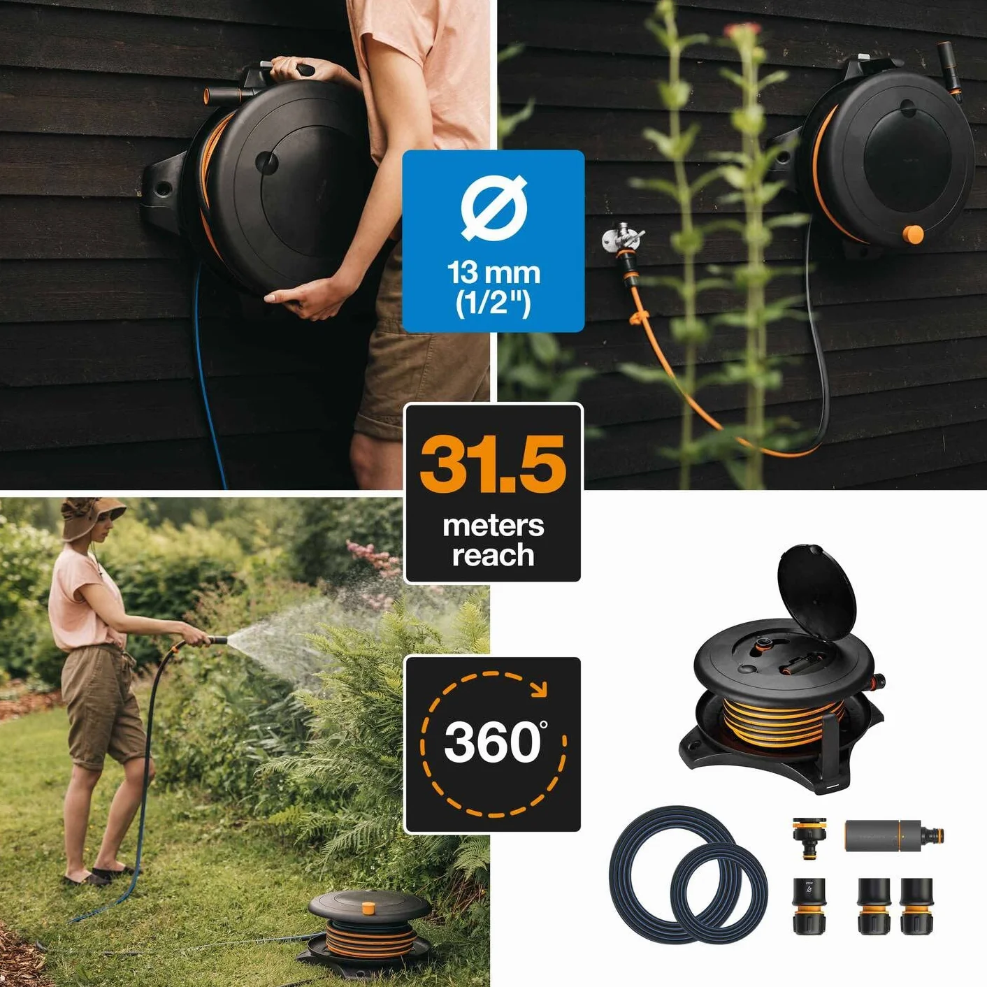 Fiskars Bęben z wężem L, Całkowity zasięg 31,5 m, Wąż ogrodowy ø 13 mm, Uniwersalna złączka ø 13-15 mm, Dysza zraszająca, Czarny/pomarańczowy