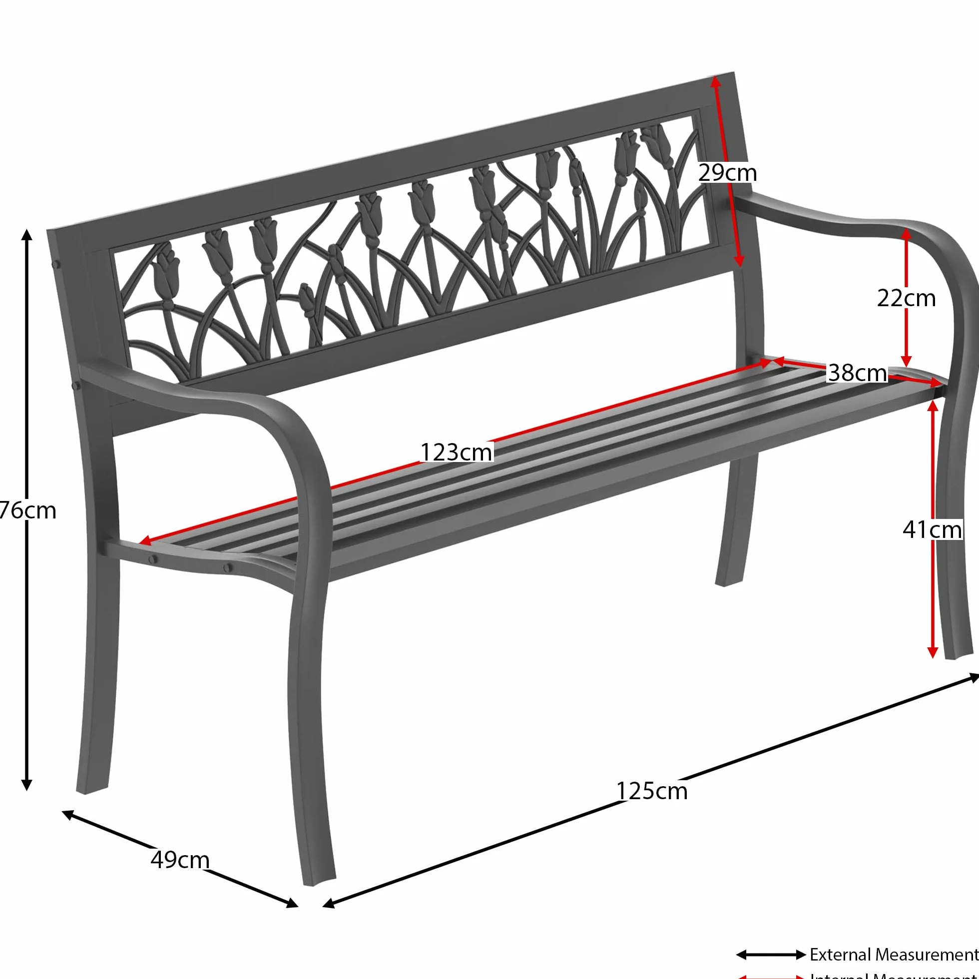 Garden Vida Stalowa ławka ogrodowa 3-osobowa design tulipanów