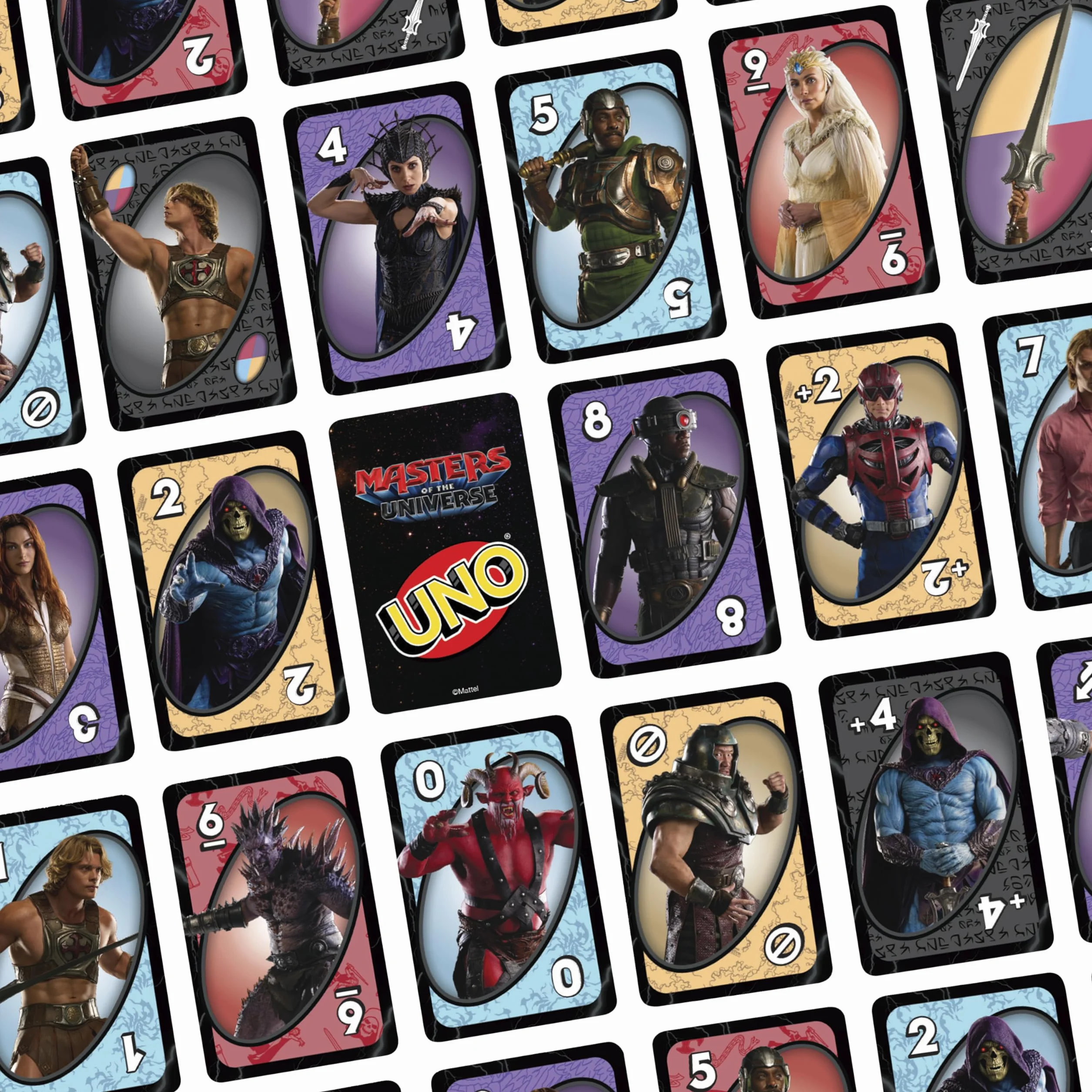 Mattel Games UNO Masters of the Universe, specjalna wersja w kolekcjonerskim pudełku z postaciami inspirowanymi filmem MOTU, specjalna karta Miecz Mocy, 7 lat, JNP53