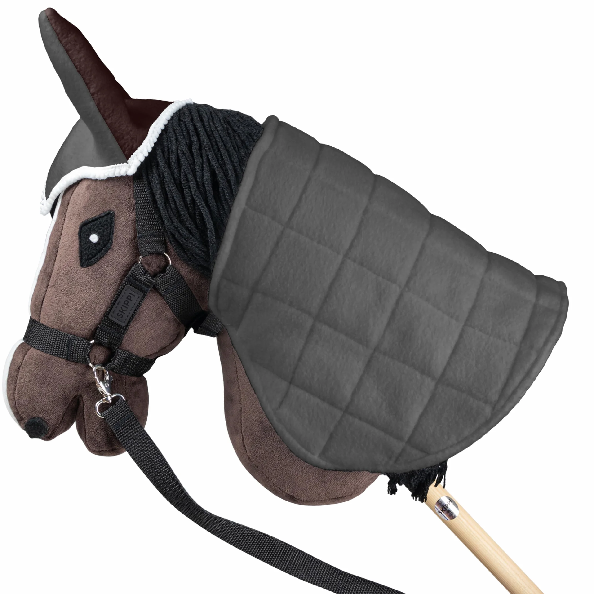 SKIPPI Zestaw Derka i Nauszniki dla Hobby Horse - Szary i Brąz, Dwustronna Derka z Polaru, Akcesoria dla Konia na Kiju, Regulowane Zapięcie na Szyi, dla Większości Koni A3 i A4