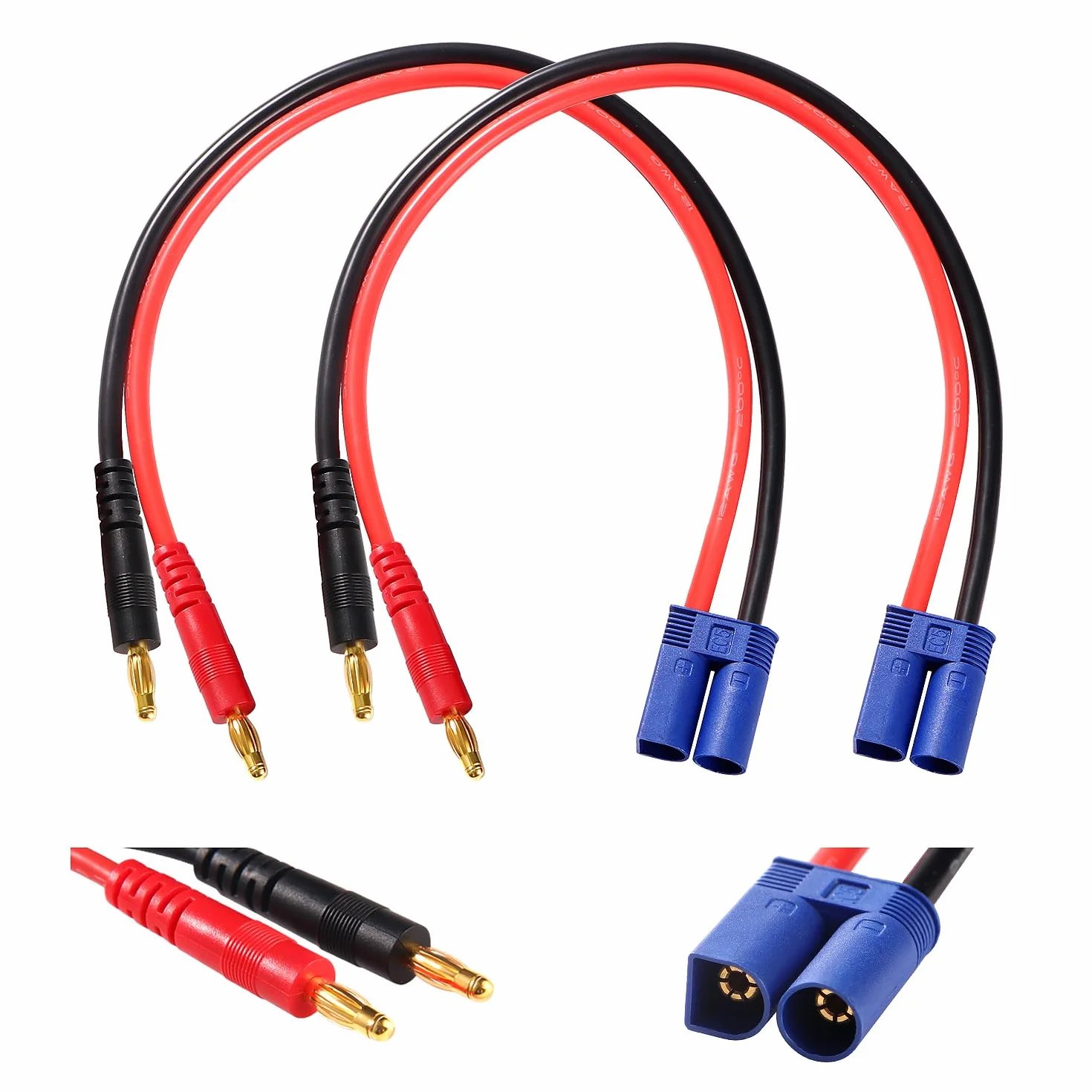 YIXISI 2 Sztuk EC5 do 4.0 Wtyczki Bananowej RC Battery Charge Cable, Złącze EC5 do 4.0 mm Wtyczki Bananowej z 30 cm 12AWG Silicone Cable, do Akumulatorów RC Helicopter Quadcopter Lipo