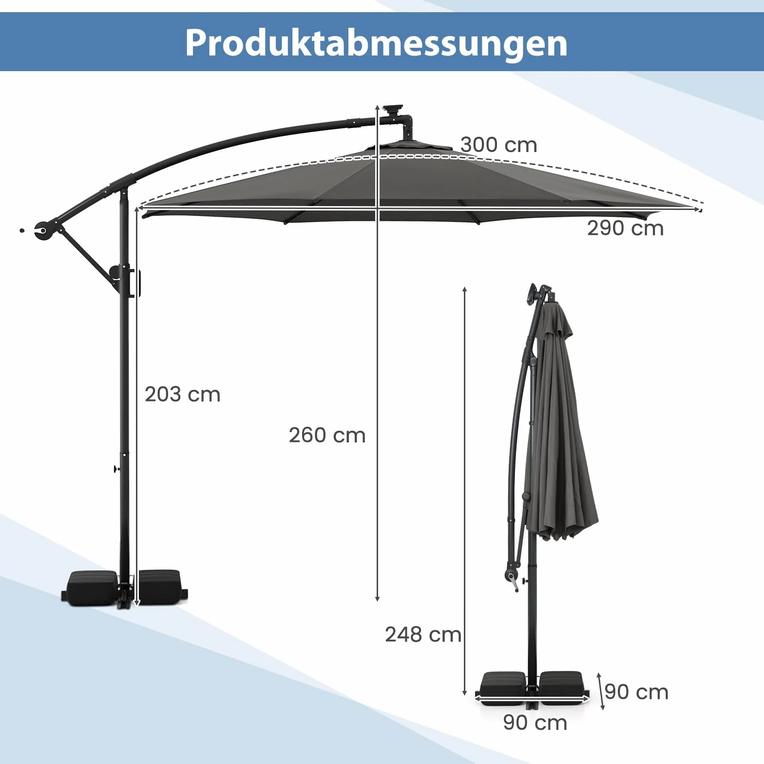 COSTWAY Parasol przeciwsłoneczny z oświetleniem LED 300 cm 9 trybów regulowany kąt nachylenia obracany 360°