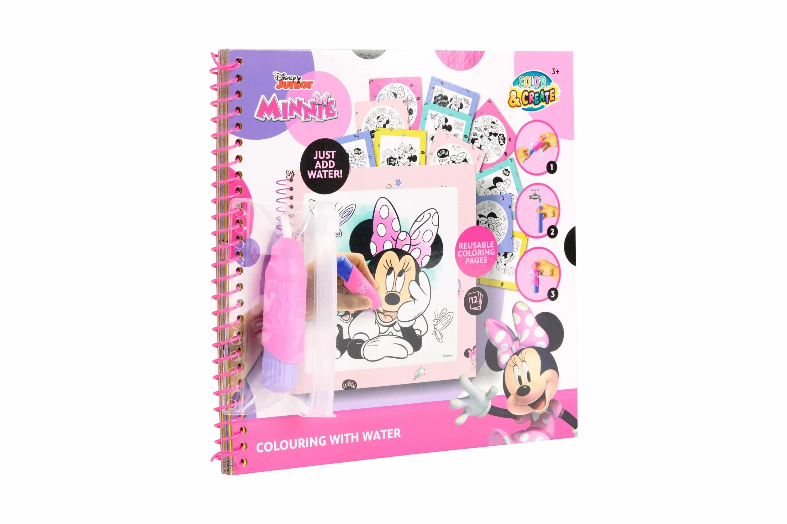 Disney Minnie Mouse kolorowanka z wodą, kolorowanka wodna wielokrotnego użytku dla dzieci od 3 lat, z długopisem wodnym do ponownego napełnienia, 12 stron do pokolorowania, prezent z Myszką Minnie i
