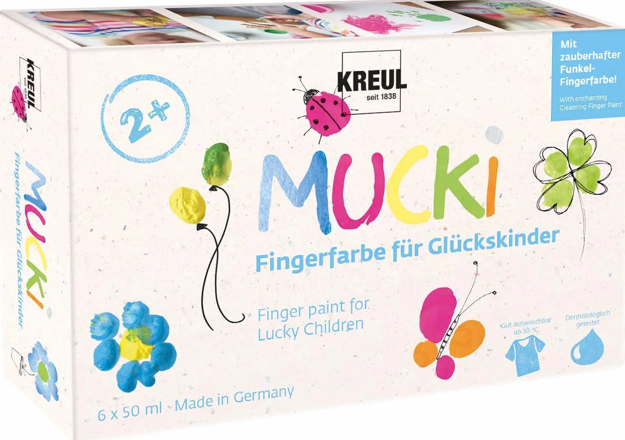KREUL 23050 - Mucki farby do malowania palcami dla szczęśliwych dzieci, 6 x 50 ml w kolorach: żółty, różowy, błękit diamentowy, zielony, pomarańczowy, smoky silver, bez parabenów, bez glutenu