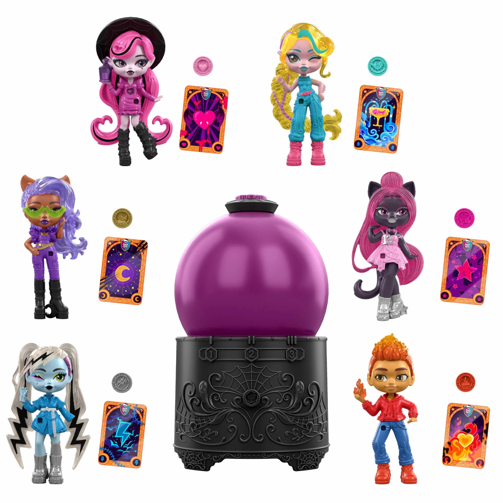 Monster High Eliksiry Seria Kryształowa kula Mini lalka Asortyment małych lalek (ok. 7,5 cm) z funkcją odkrywania ich wyglądu; w zestawie 1 mała lalka, przypinka-amulecik i karta, JCX99