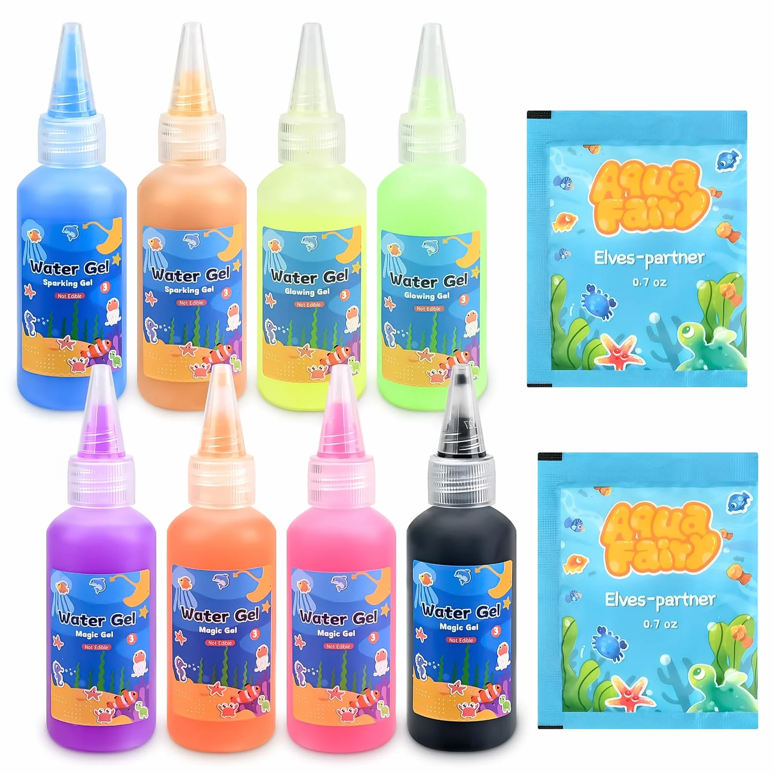 Sanlebi Magic Aqua Celz żelowy zestaw uzupełniający, 10 sztuk, zawiera 8 butelek kolorowego żelu, Magic Water Elf dla dzieci 4 5 6+, urodziny, Boże Narodzenie, Wielkanoc, prezent dla chłopców i