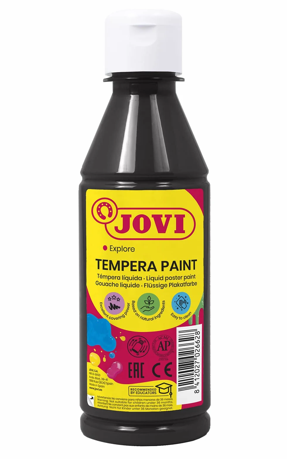 Jovi - Płynna farba tempera, butelka 250 ml, kolor czarny, farba na bazie naturalnych składników, łatwa do mycia, bezglutenowa, idealna do użytku szkolnego (50230)