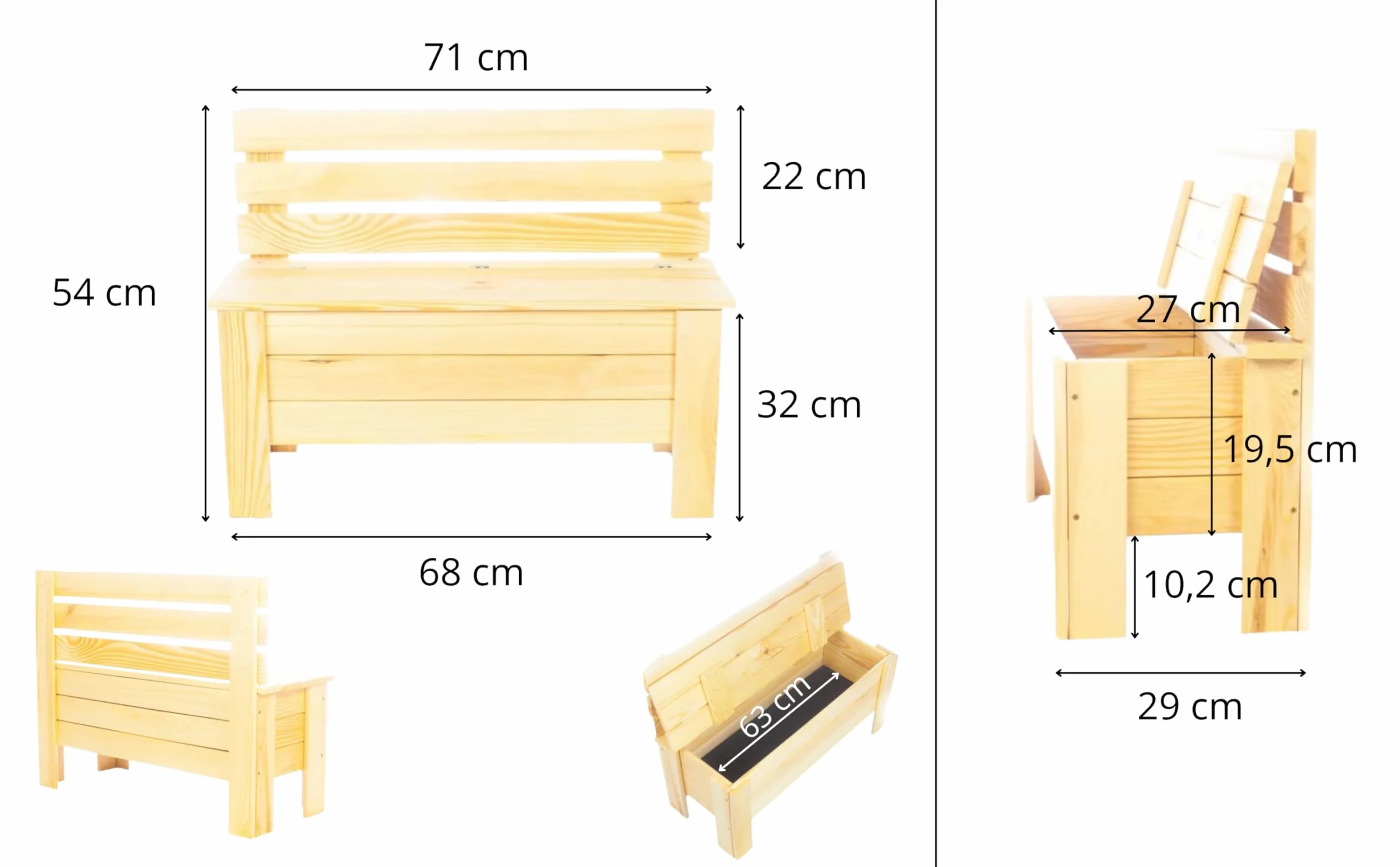 Skrzynia Ogrodowa 71x54x29 cm Naturalne Drewno Sosnowe Lite Wodoodporna Przechowywanie Narzędzia Poduszki