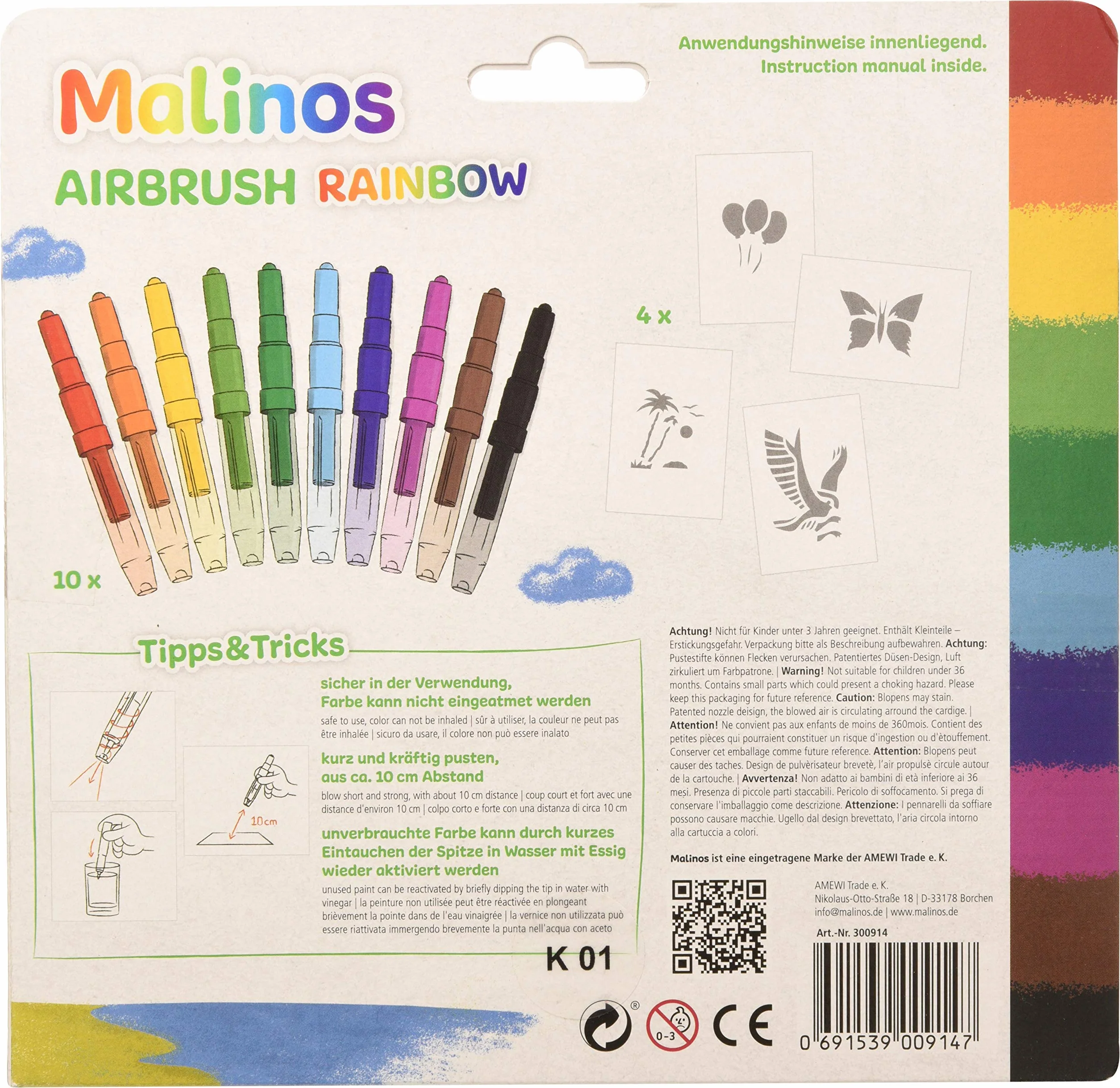 Malinos 300914 Airbrush Rainbow, tęczowe kolory, 10 sztuk, 10 kolorów (1 opakowanie)