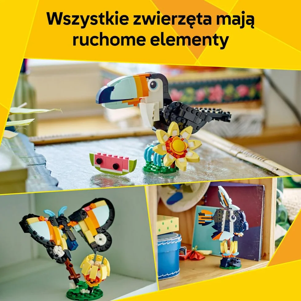 LEGO Creator 3 w 1 Dzikie zwierzęta: Tropikalny tukan, figurka do przebudowania na motyla lub rybę, zabawka dla dziecka, ozdoba do pokoju dziecięcego, prezent dla 7-latki, dziewczynki i chłopca 31173