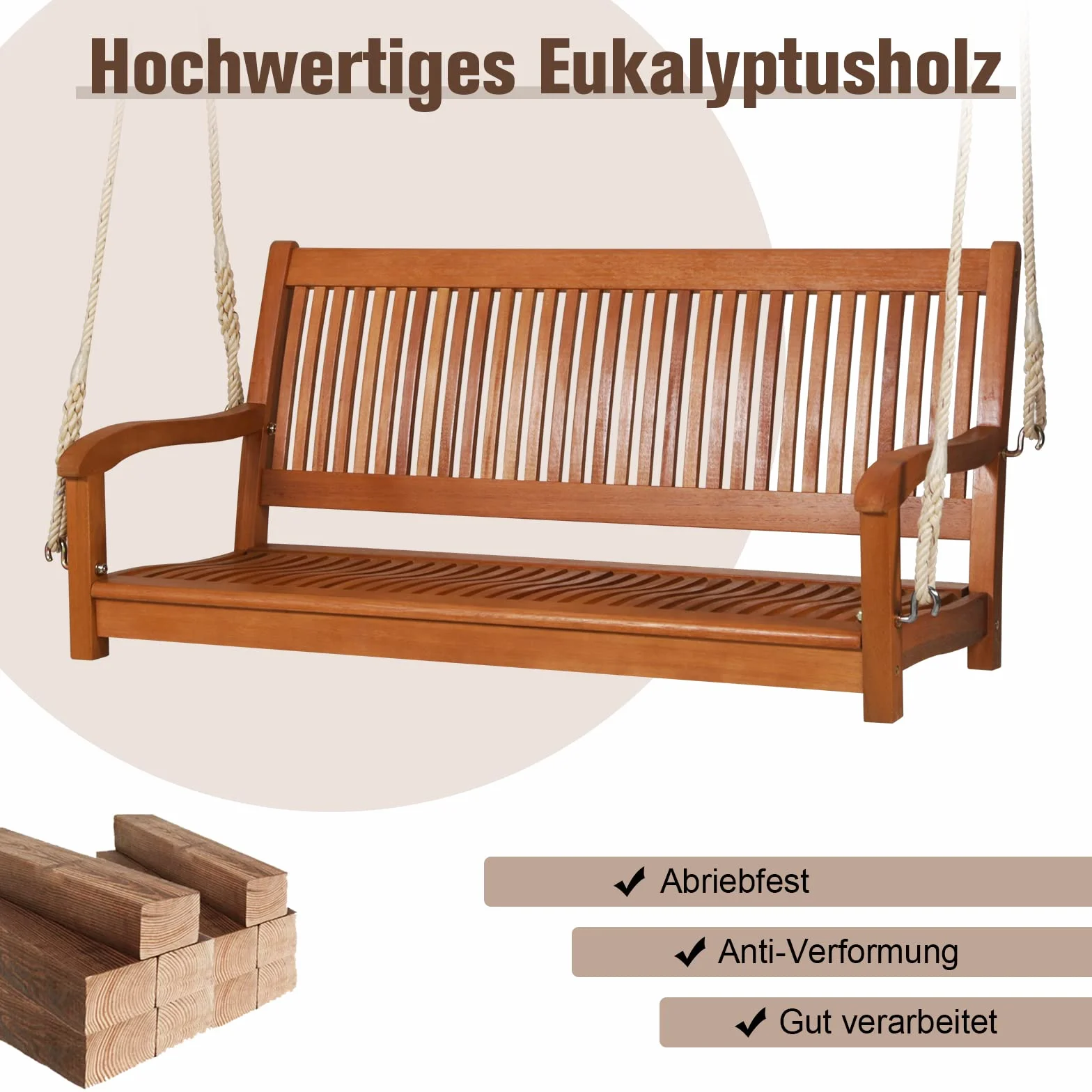 COSTWAY Huśtawka 2-osobowa Ogrodowa Wisząca Hollywood z Drewna Eukaliptusowego 360 kg
