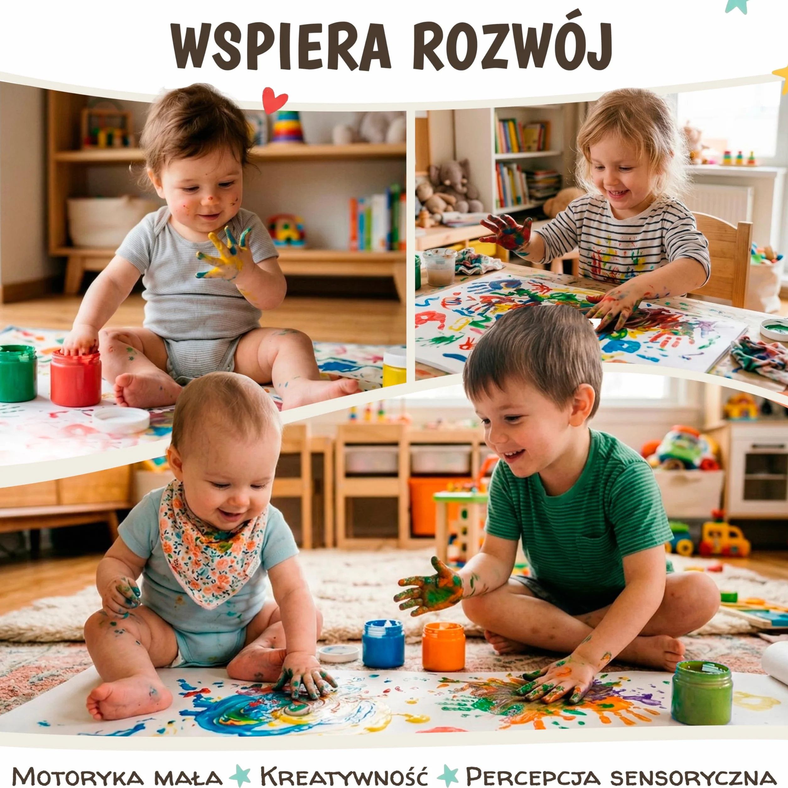 Farby do Malowania Palcami dla Dzieci Nietoksyczne Zmywalne 6x60 ml – Farby dla Dzieci 1, 2, 3 Lata | Odciski Dłoni i Stóp | Zestaw Kreatywny do Malowania