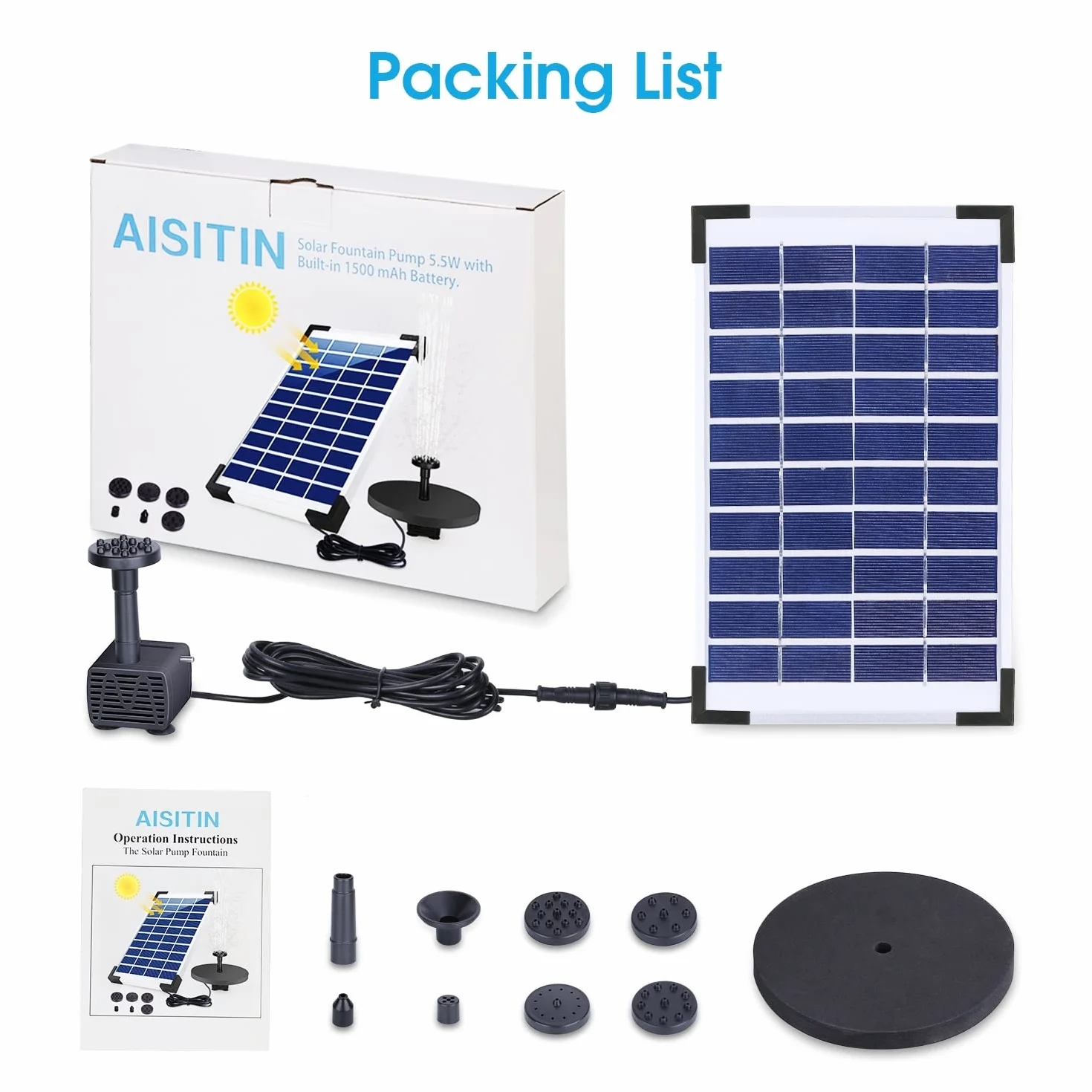 AISITIN Zewnętrzna fontanna solarna 5,5 W z wbudowaną baterią, pompą wodną, 6 dyszami i pływającą deską do ogrodu, stawu, akwarium i basenu