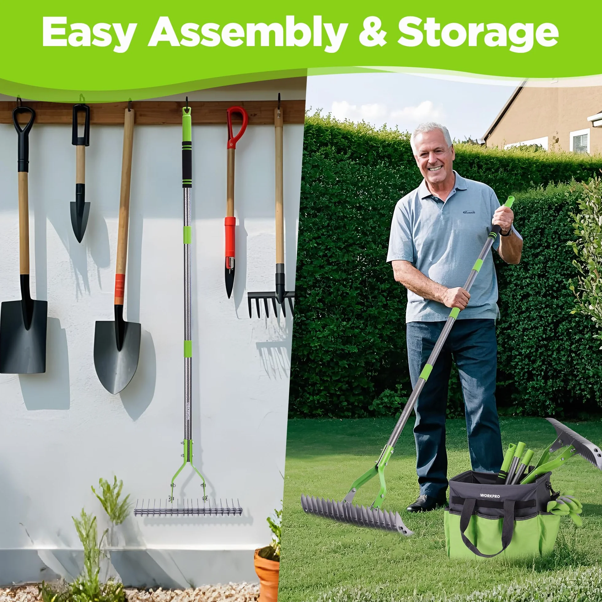 WORKPRO Grabie do liści 38 cm, regulowany uchwyt 102–178 cm, dwustronna głowica
