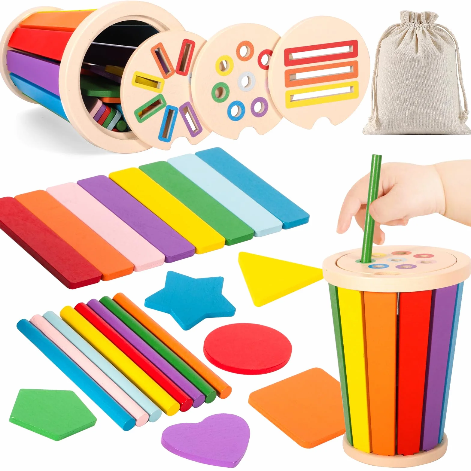 Montessori zabawka dla dzieci od 1 lat, sensoryczna, zabawka edukacyjna, Gra Sortowania Kolorów, 3 w 1 Drewniana Zabawka Niemowląt, Odpowiednie dla dzieci w wieku 1, 2, 3 roku