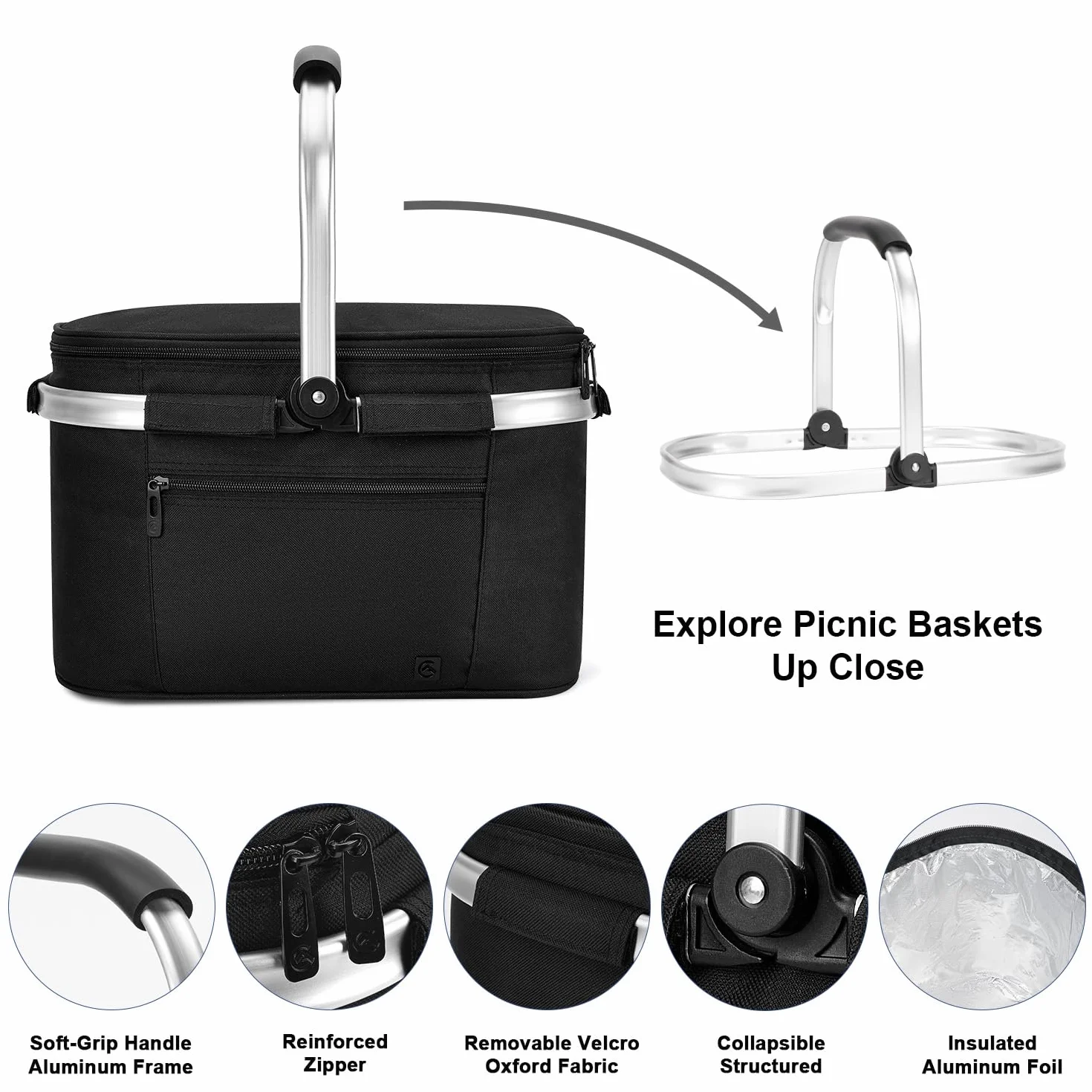 ALLCAMP Cool Bag Izolowany Kosz na Zakupy z Pokrywką Chłodziarka Ice Box Wyjmowany Kosz Piknikowy Dla 4 Osób Gruby Termiczny Kosz z Aluminiową Ramą czarny