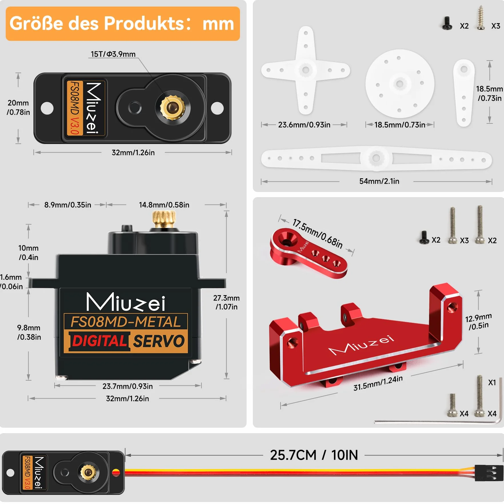 Miuzei Mini serwo RC cyfrowy serwomotor z metalową przekładnią do samochodu 1/24 SCX24 AX24 Car Boot Robot ramię 5 V 180 stopni mikro silnik serwo kierownicy z uchwytem, rogiem mocującym i kablem 25