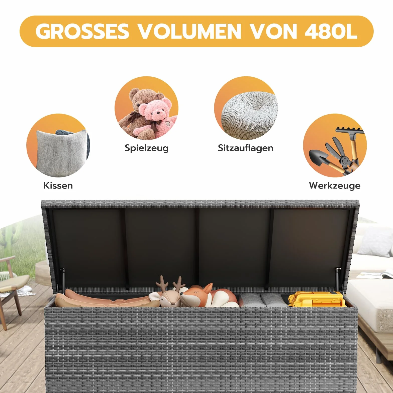 UDPATIO Skrzynka ogrodowa 480 l wodoszczelna odporna na UV 138 x 61 cm