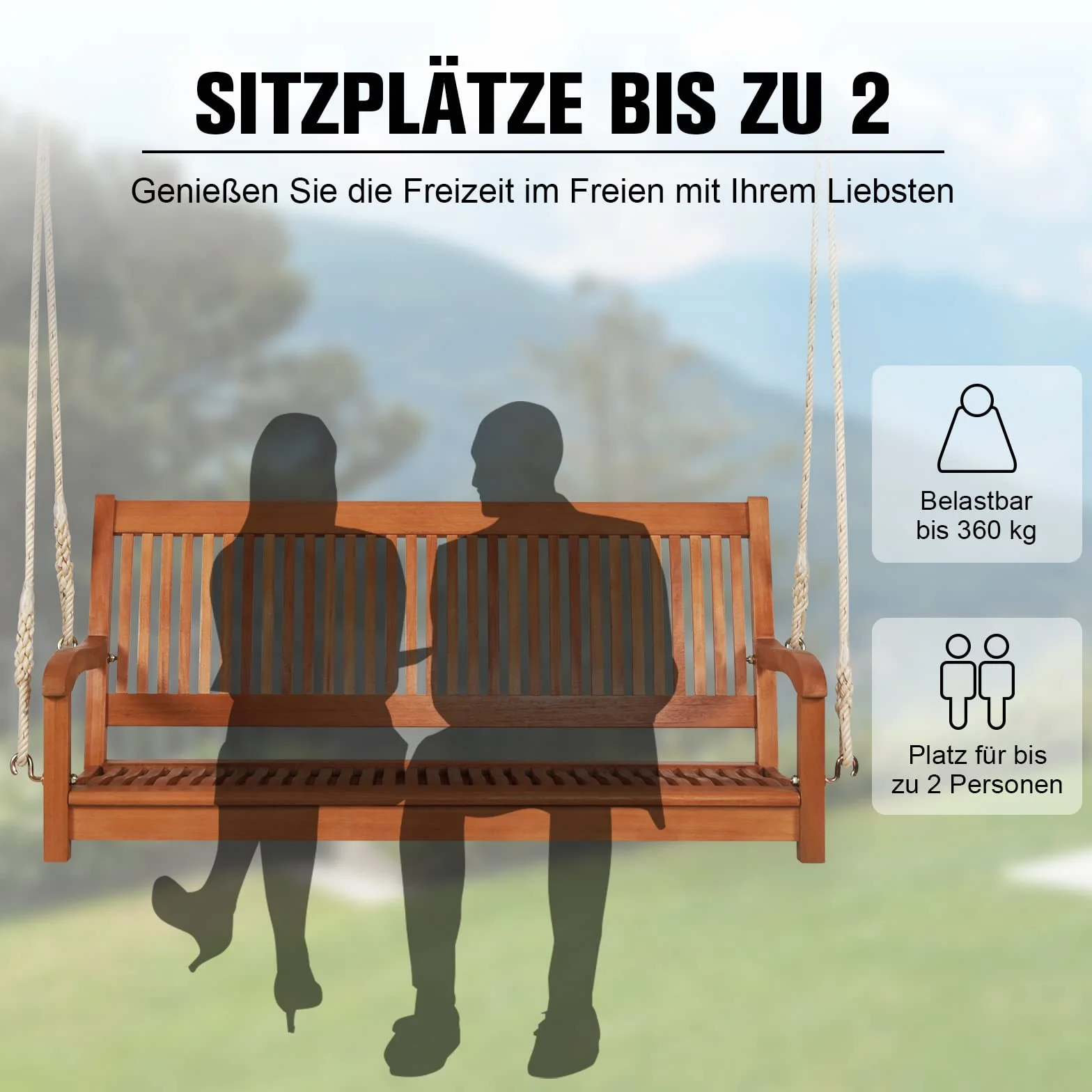 COSTWAY Huśtawka 2-osobowa Ogrodowa Wisząca Hollywood z Drewna Eukaliptusowego 360 kg