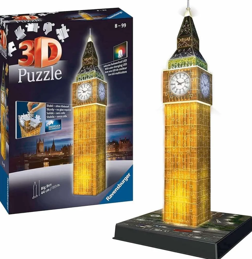 Ravensburger Puzzle 3D 12588 Ravensburger Big Ben 216 Elementów Puzzle 3D Budynki Nocą (12588) Dla Dzieci I Dorosłych. Technologia Easy Click - Każdy Element Pasuje Idealnie,Czarny,Taille Unique