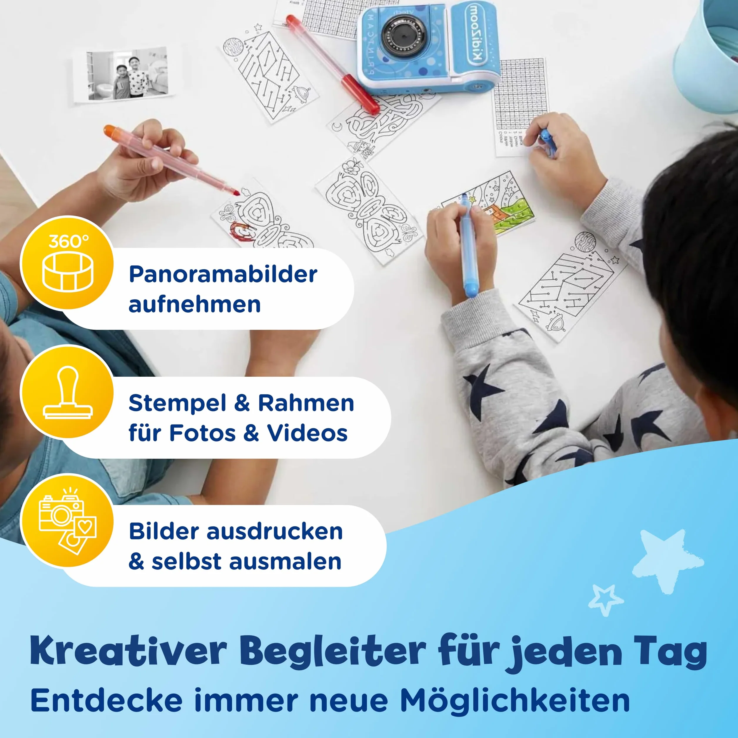 Vtech KidiZoom Print Cam niebieska – aparat dla dzieci z funkcją drukowania, selfie i wideo, efektami, graniem itp. dla dzieci w wieku 4-12 lat