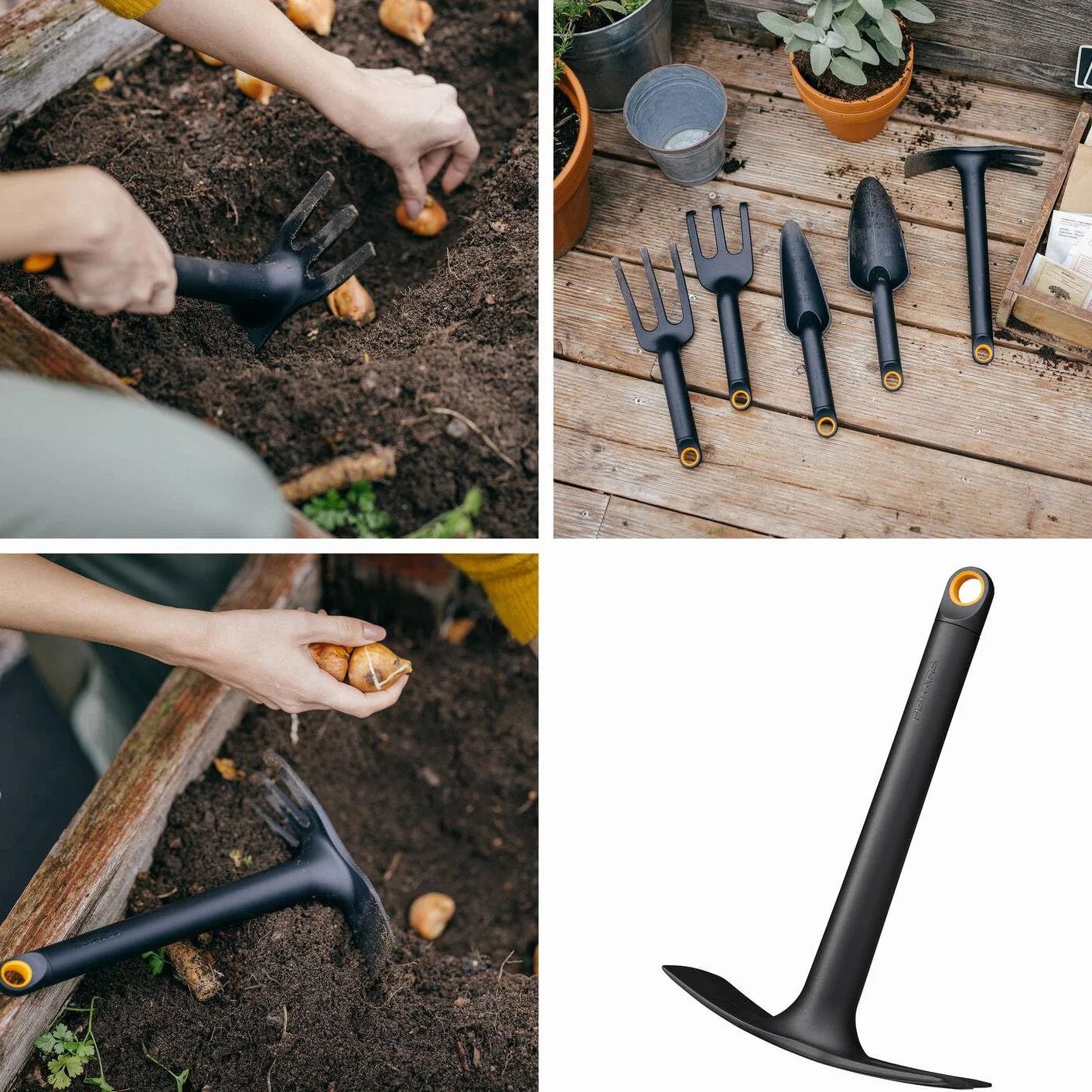 Fiskars Zestaw narzędzi ogrodowych 4-częściowy, chwastownik Xact, motyka i kielnia Solid, stal nierdzewna/plastik, FiberComp, rękawice robocze rozmiar 10, czarny/pomarańczowy
