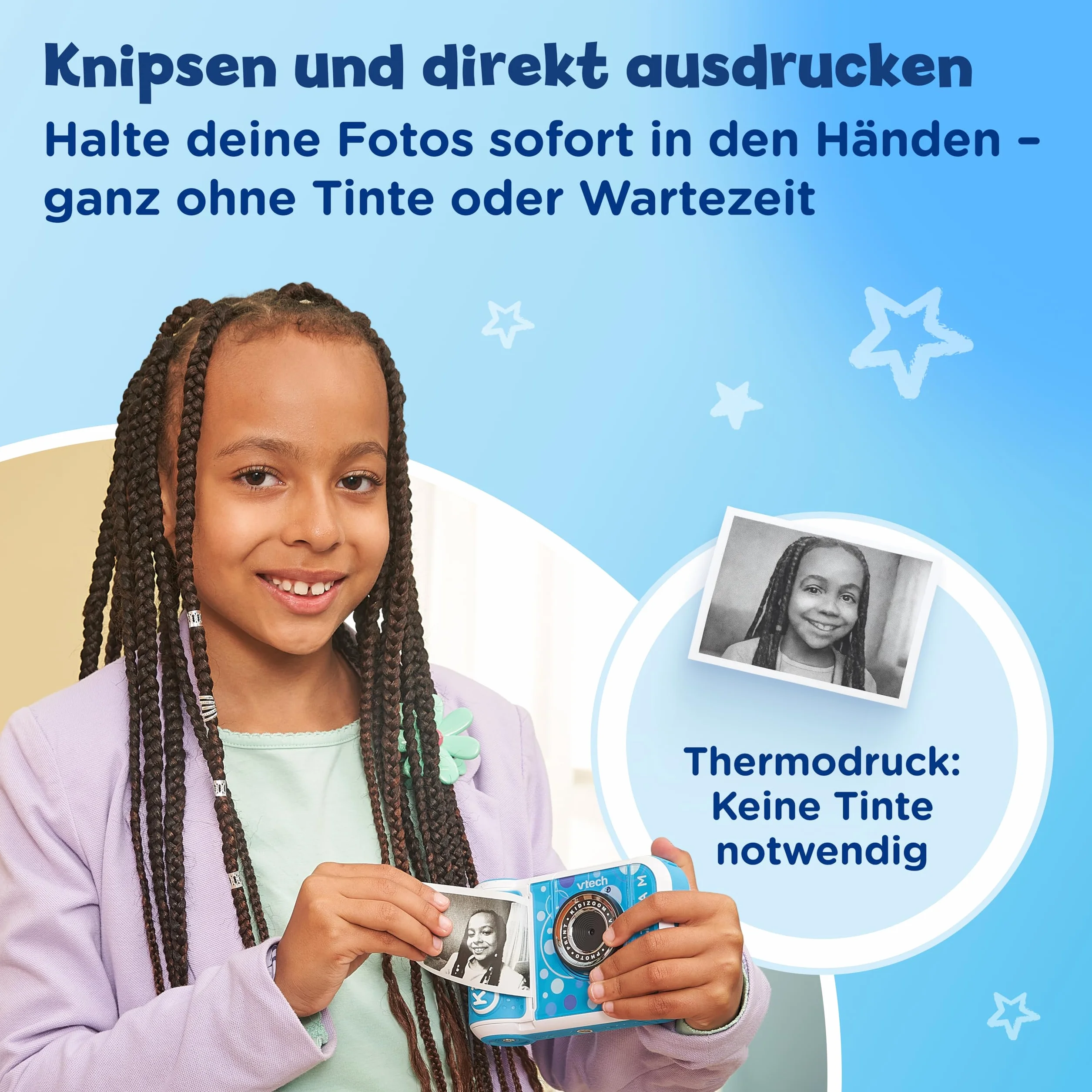 Vtech KidiZoom Print Cam niebieska – aparat dla dzieci z funkcją drukowania, selfie i wideo, efektami, graniem itp. dla dzieci w wieku 4-12 lat