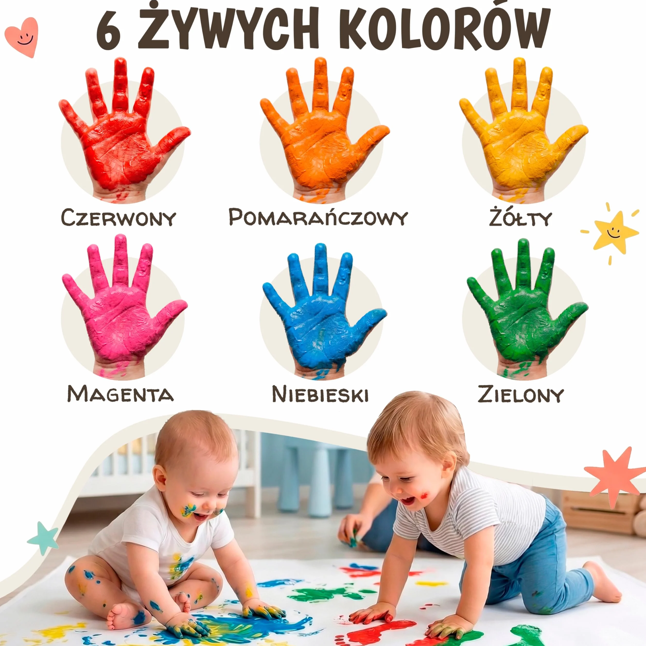 Farby do Malowania Palcami dla Dzieci Nietoksyczne Zmywalne 6x60 ml – Farby dla Dzieci 1, 2, 3 Lata | Odciski Dłoni i Stóp | Zestaw Kreatywny do Malowania