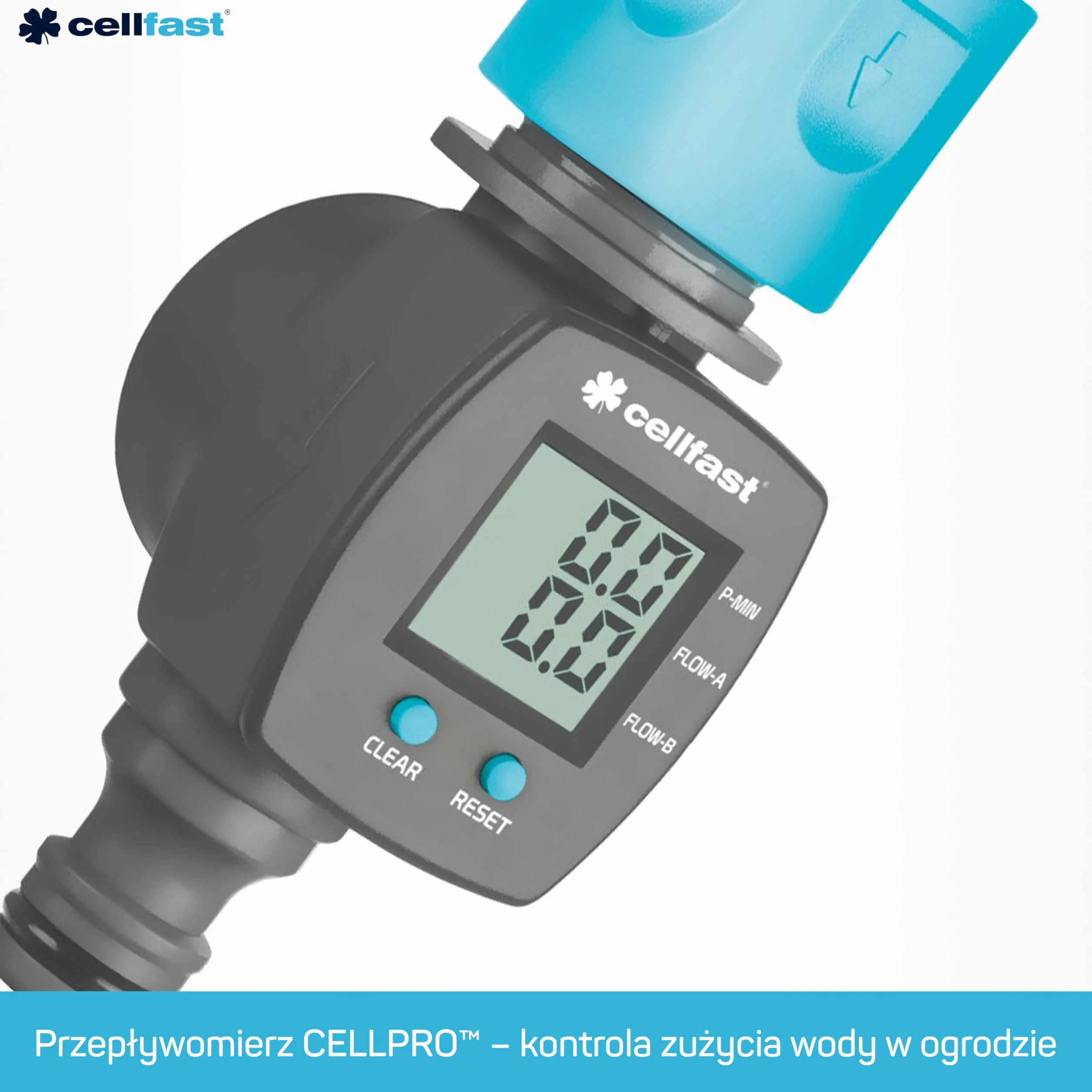 Cellfast Przepływomierz Ogrodowy Wodomierz do Węża z Szybkozłączem Wyświetlacz LCD 1-40 l/min