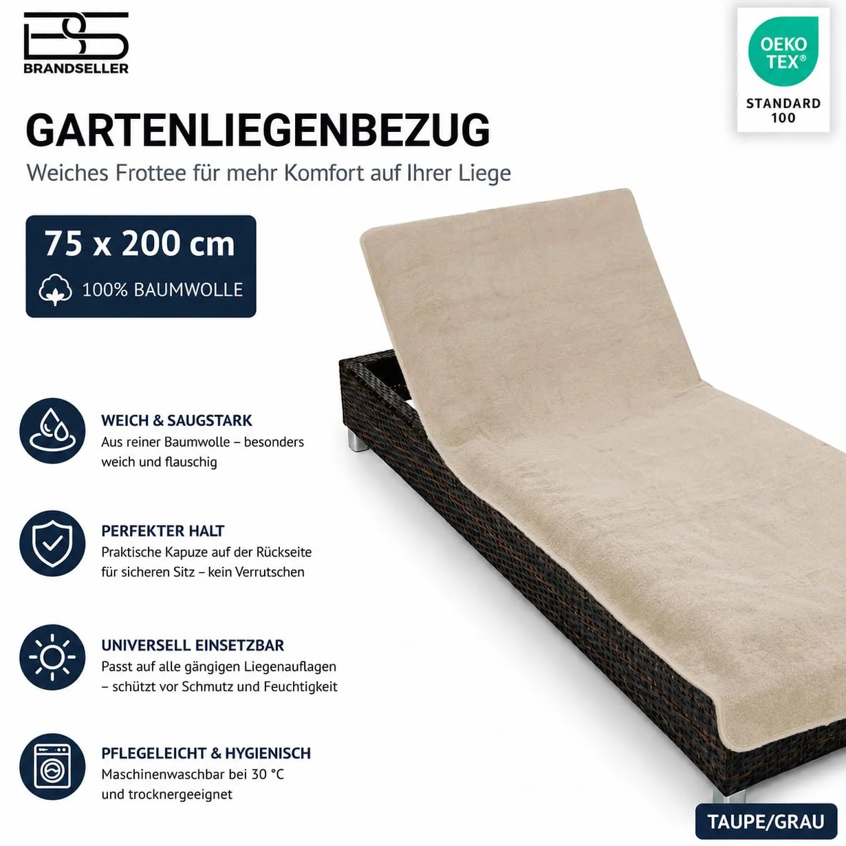 Ręcznik XL do opalania Pokrowiec ochronny na poduszkę leżak ogrodowy 100% bawełna 75 x 200 cm szarobrązowy/szary