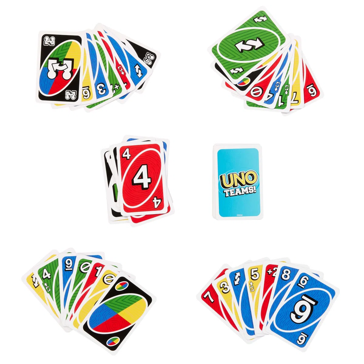 Mattel Games UNO Teams Gra karciana dla dzieci, dorosłych i rodzin na wieczór gier, imprezę i wyjazd, przeznaczona do gry w 2-osobowych zespołach, zawiera reguły specjalne, JDM40