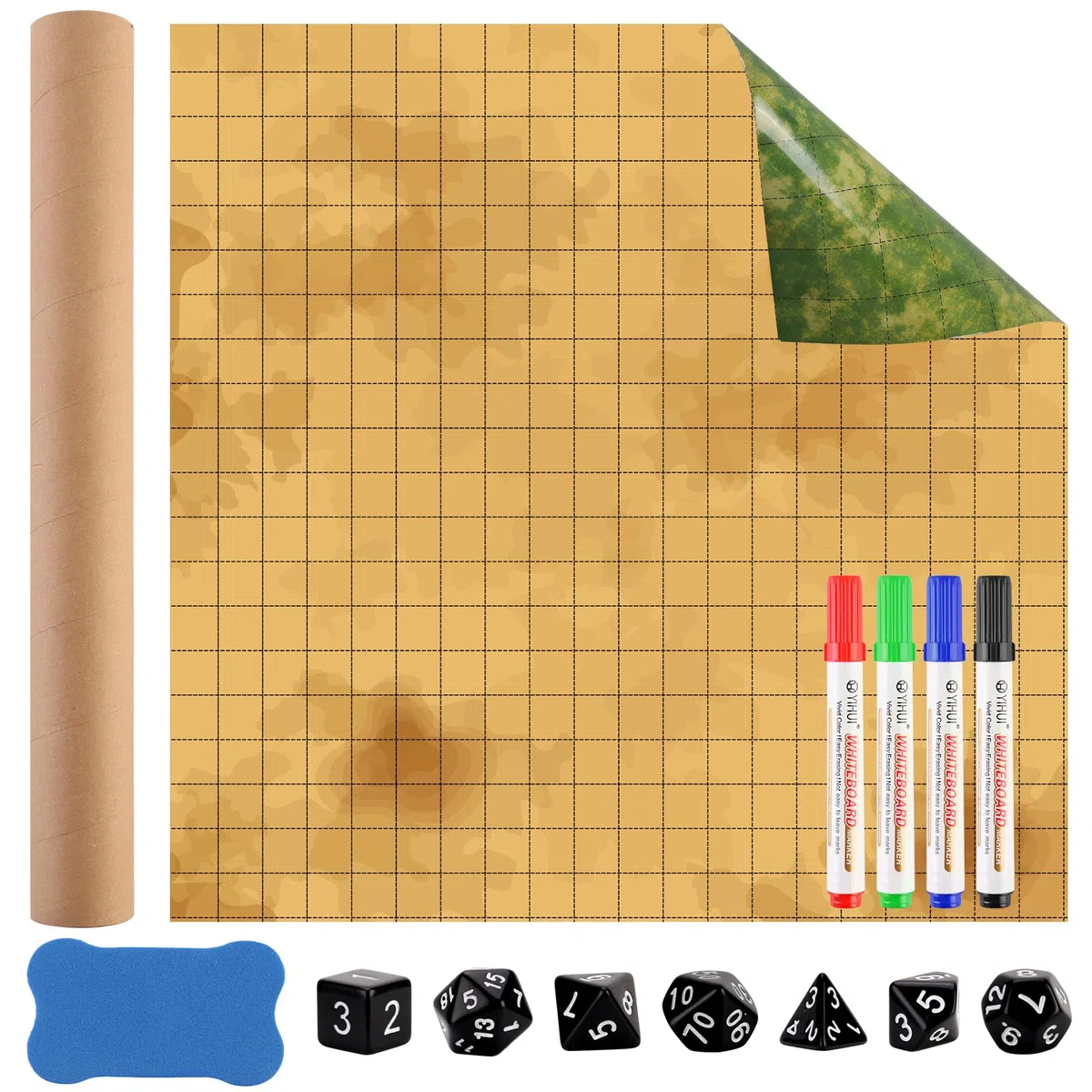 Mata do gier Dungeon Grid, dwustronna mata RPG 50 x 50 cm z możliwością suchego wycierania z 4 markerami do suchego wycierania, 1 gumką do tablicy, 7 kośćmi do gier wojennych i planszowych