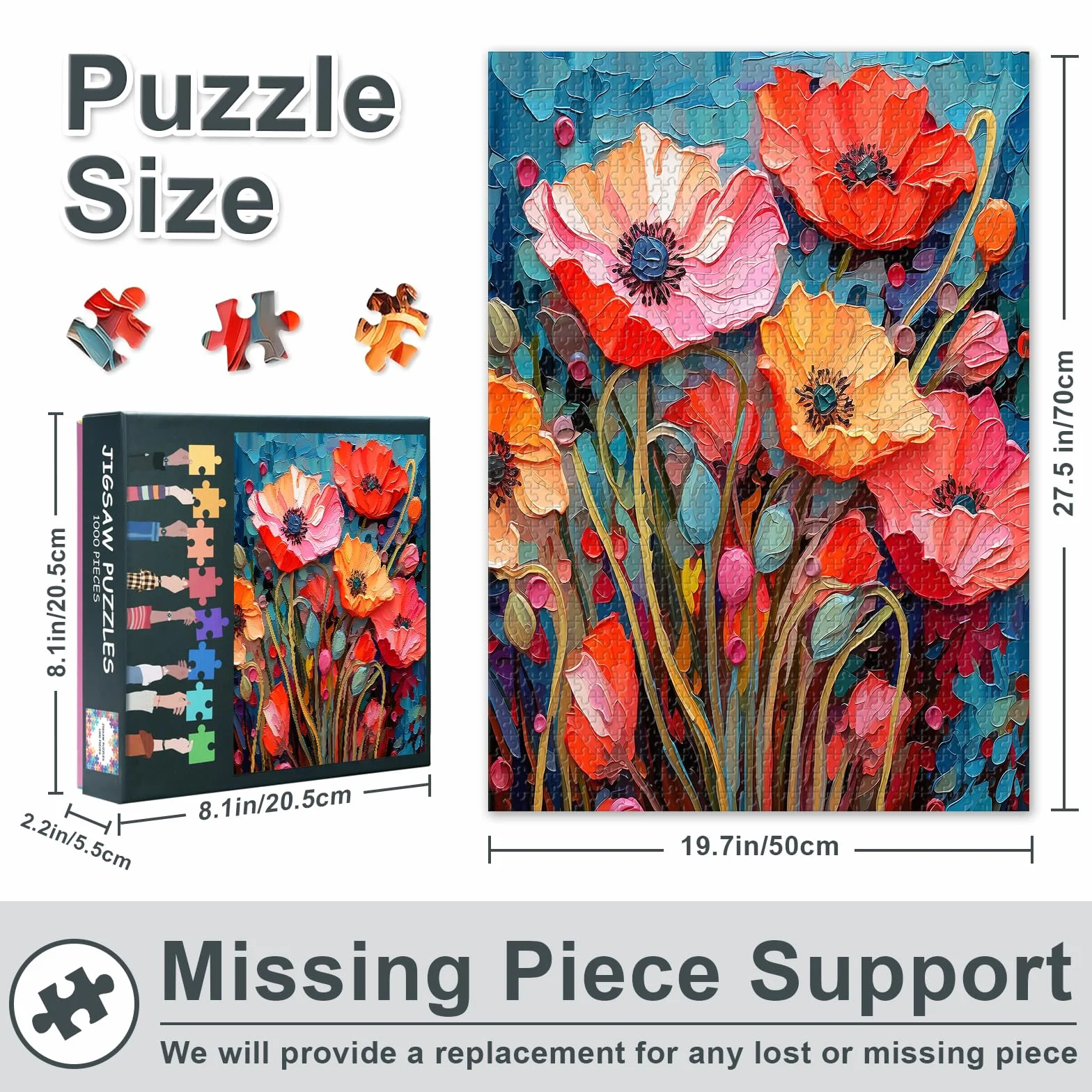 Puzzle 1000 elementów, abstrakcyjne maki w pastelowych odcieniach, papierowe puzzle premium dla dorosłych, XXL z motywem kwiatowym, dekoracyjny obraz ścienny z malowniczą teksturą, rozmiar motywu 60 x