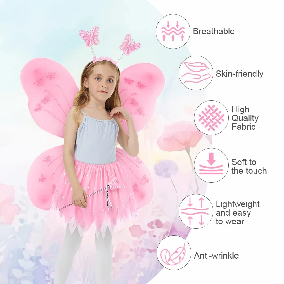 Kostium wróżki dla dzieci, 4 Pièces skrzydła motyla wróżki skrzydła, sukienka tutu z magiczną różdżką, opaska motyla, kostium księżniczki dziewczynki kostium dziewczynki