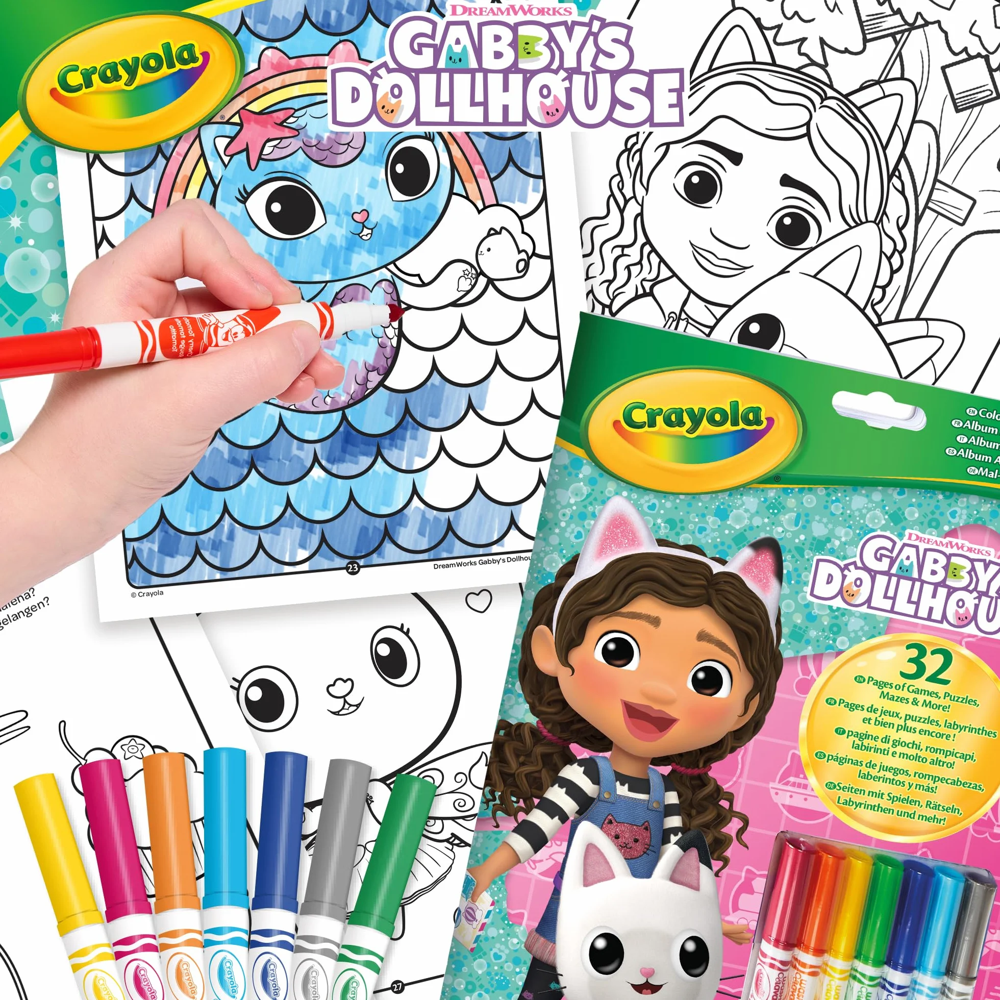 CRAYOLA - Gabby's Dollhouse Activity & Colouring Album, 32 strony do kolorowania i 7 mini zmywalnych markerów, 04-7024G