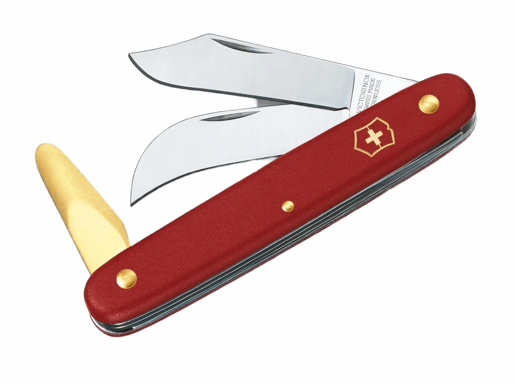 Victorinox Okulier-und Hakenmesser 3 Funktionen Klinge spitz gebogen Messing-Rindenlöser rot