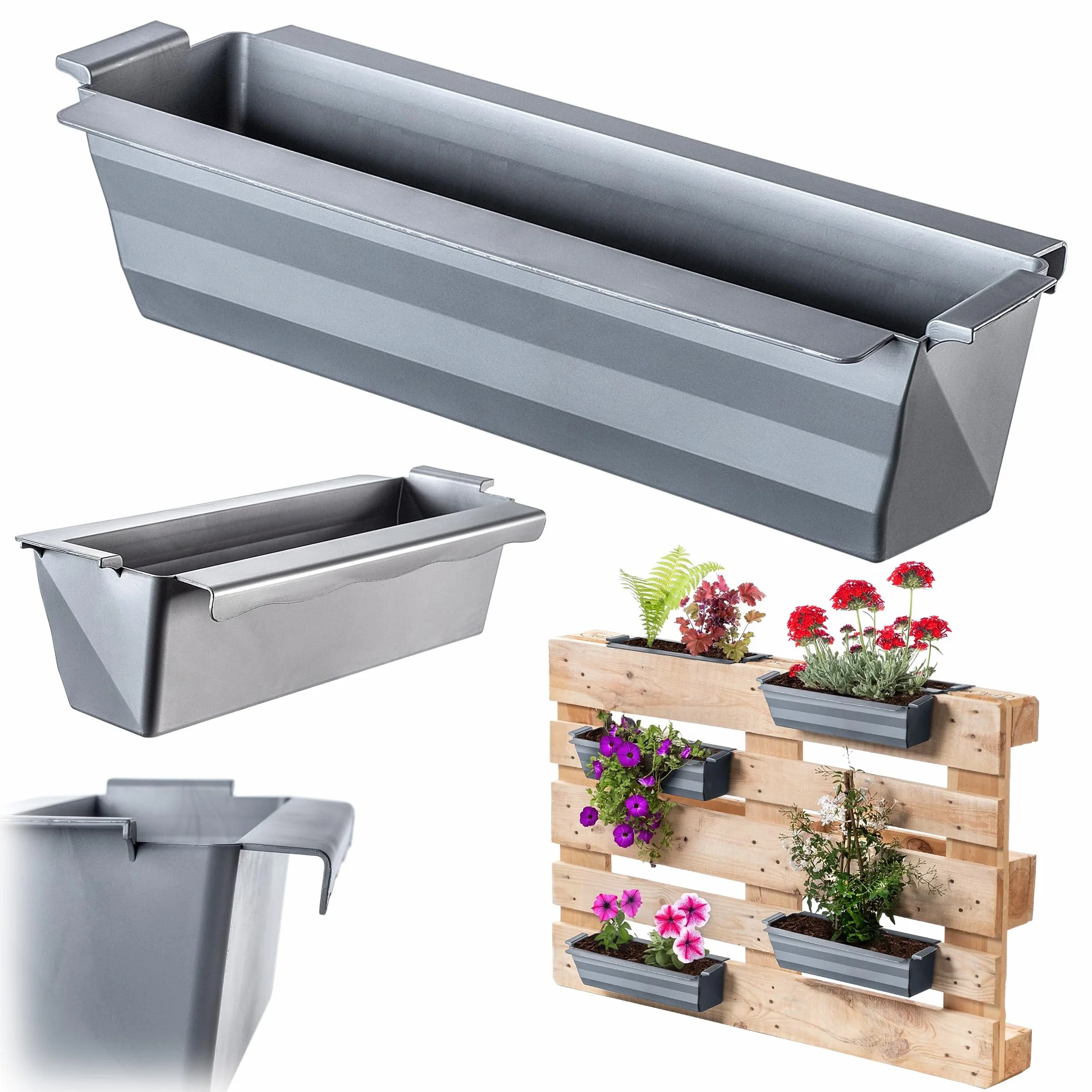KADAX Skrzynka na rośliny, zestaw 12 palet, 37 x 9 cm, srebrna, system zawieszenia