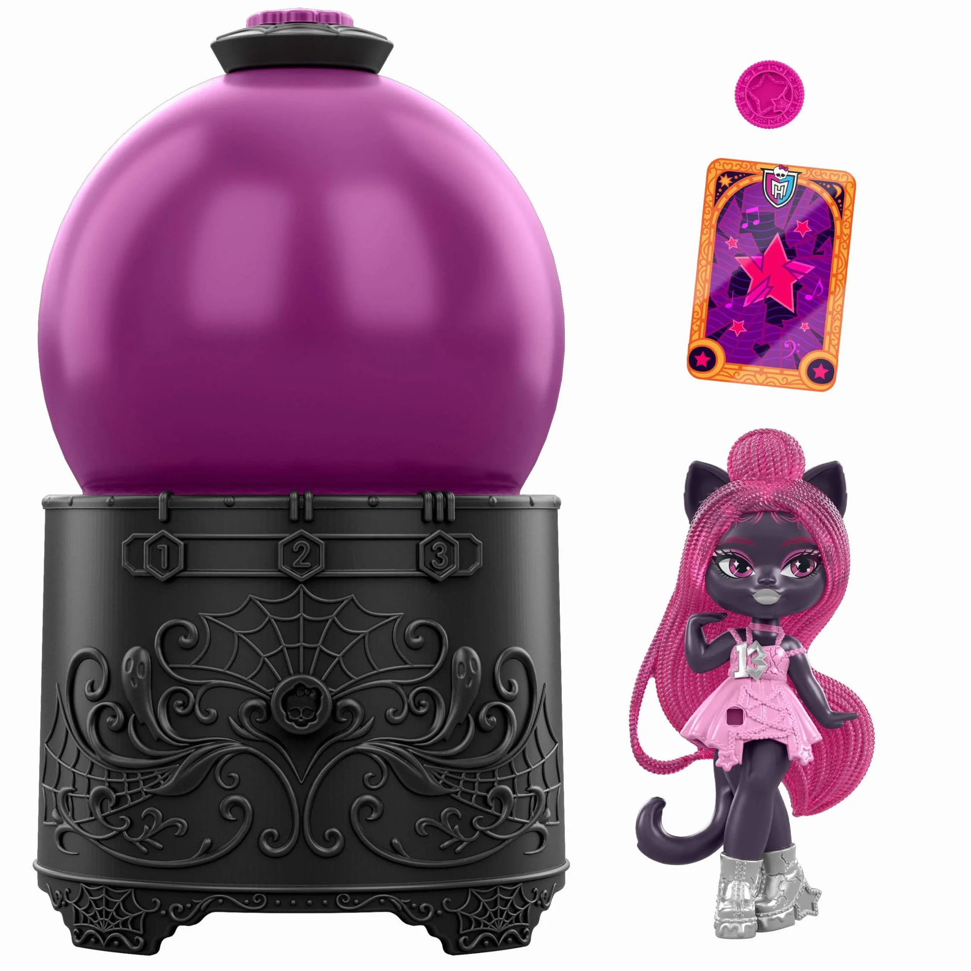 Monster High Eliksiry Seria Kryształowa kula Mini lalka Asortyment małych lalek (ok. 7,5 cm) z funkcją odkrywania ich wyglądu; w zestawie 1 mała lalka, przypinka-amulecik i karta, JCX99