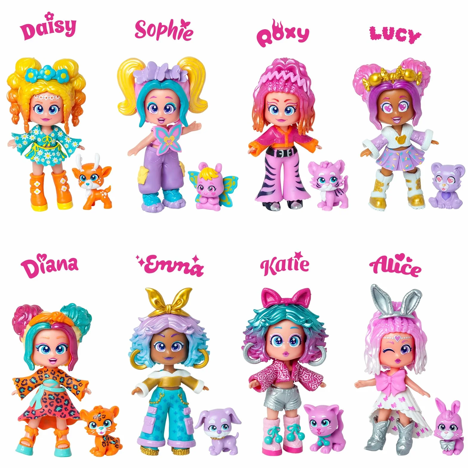 KOOKYLOOS Seria Pet Party DAISY-Kolekcjonerska lalka Daisy z jeleniem zwierzaka. Zawiera lalkę Kookyloos Daisy, 1 zwierzę, modne ubrania i buty oraz 1 akcesoria. 1 lalka, 3 różne twarze!
