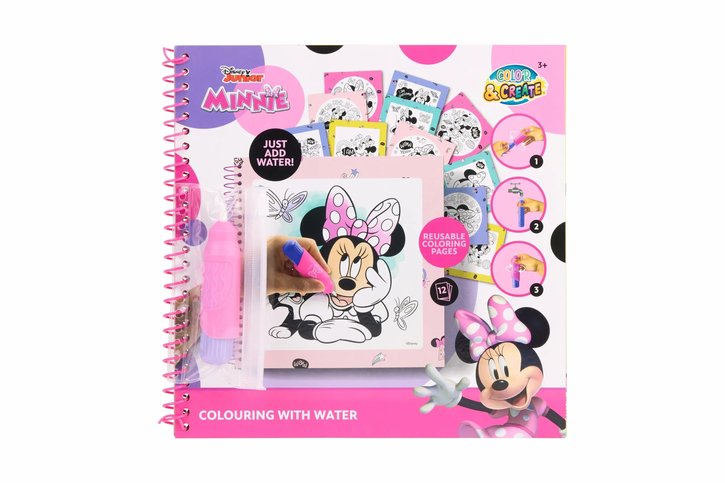 Disney Minnie Mouse kolorowanka z wodą, kolorowanka wodna wielokrotnego użytku dla dzieci od 3 lat, z długopisem wodnym do ponownego napełnienia, 12 stron do pokolorowania, prezent z Myszką Minnie i